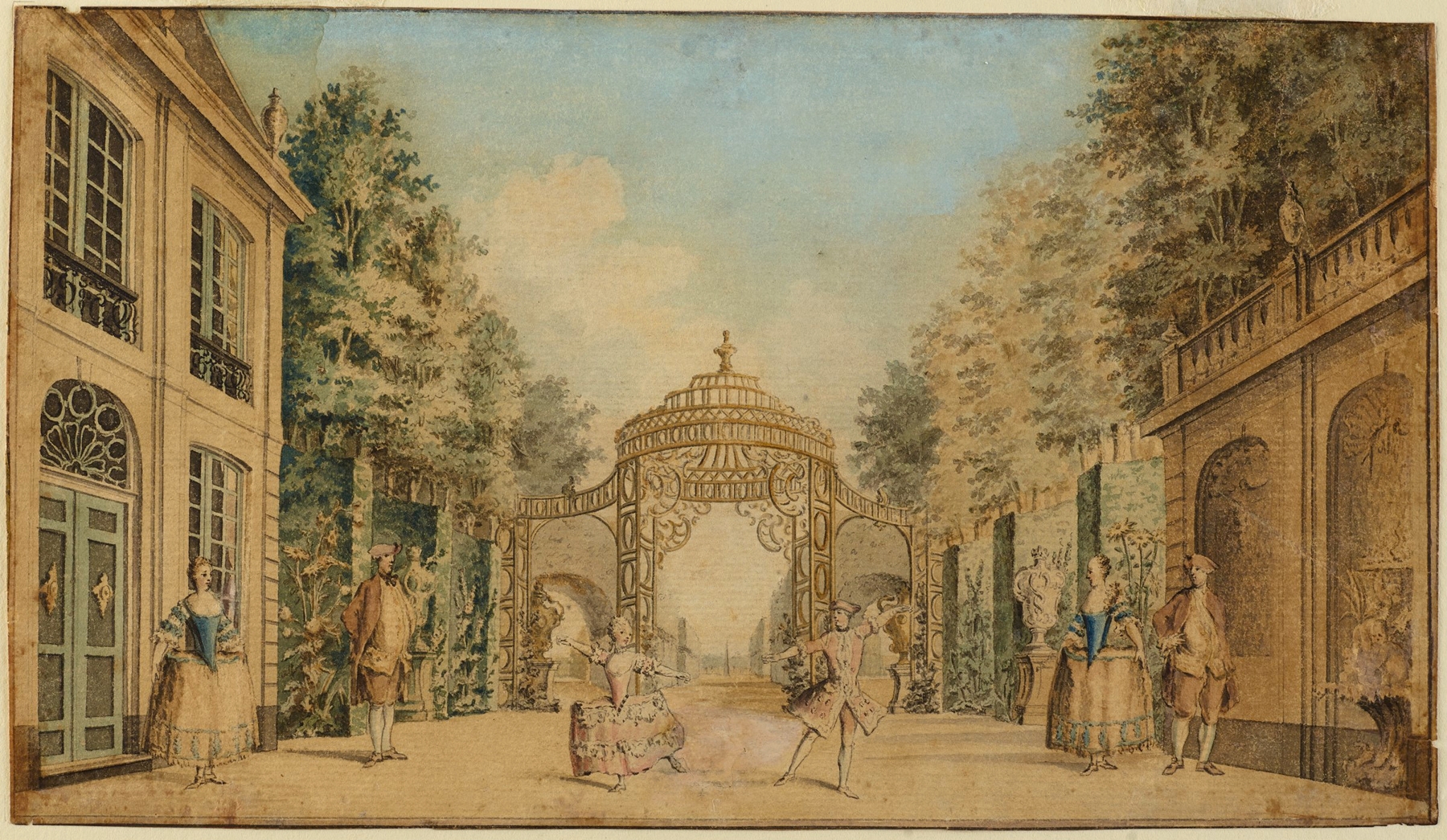 Stage Set with Actors and Dancers Performing, by Charles-François Hutin, public domain