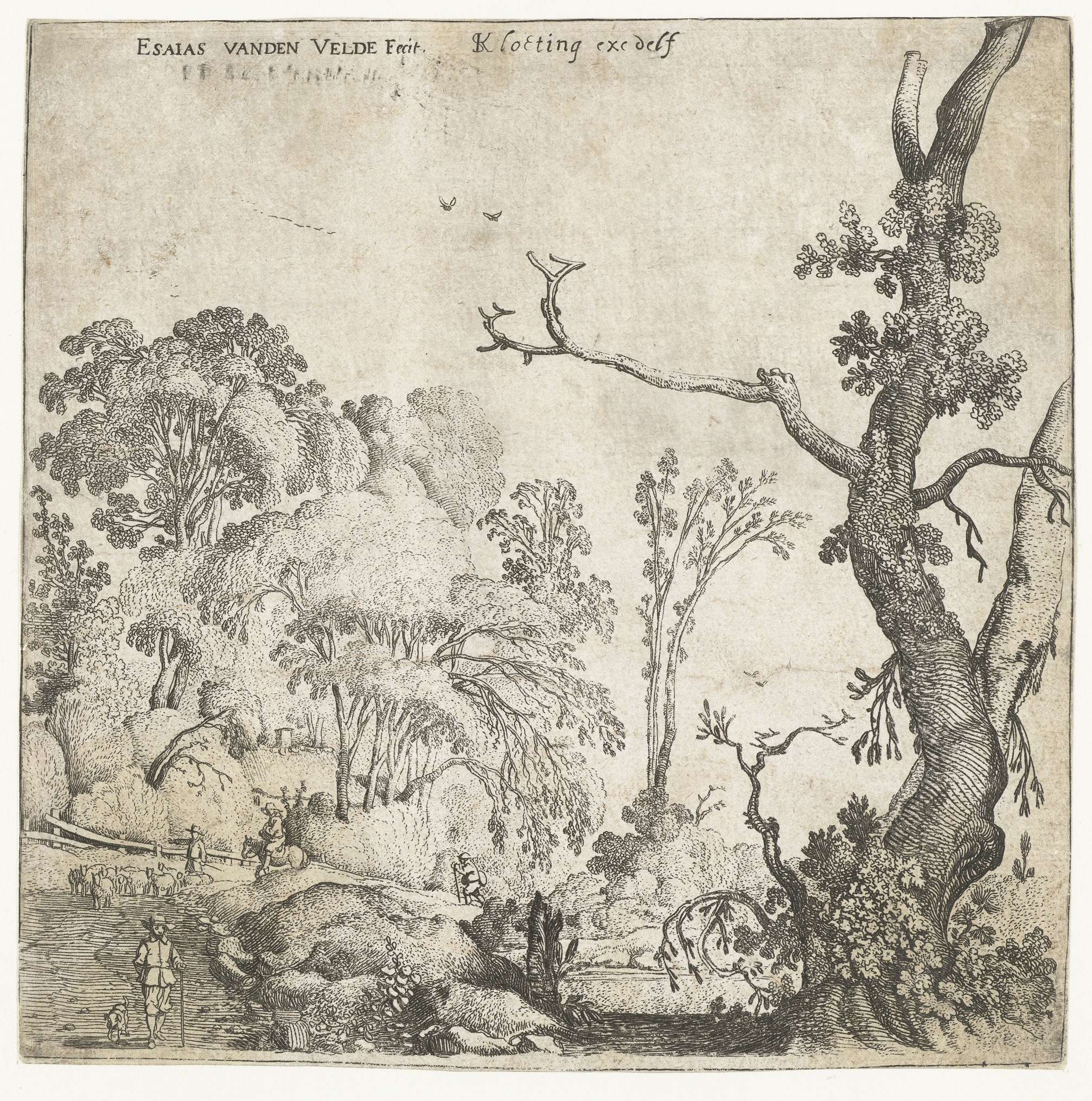 Landschap met bomen by Esaias van de Velde, etching of a tranquil landscape with trees.