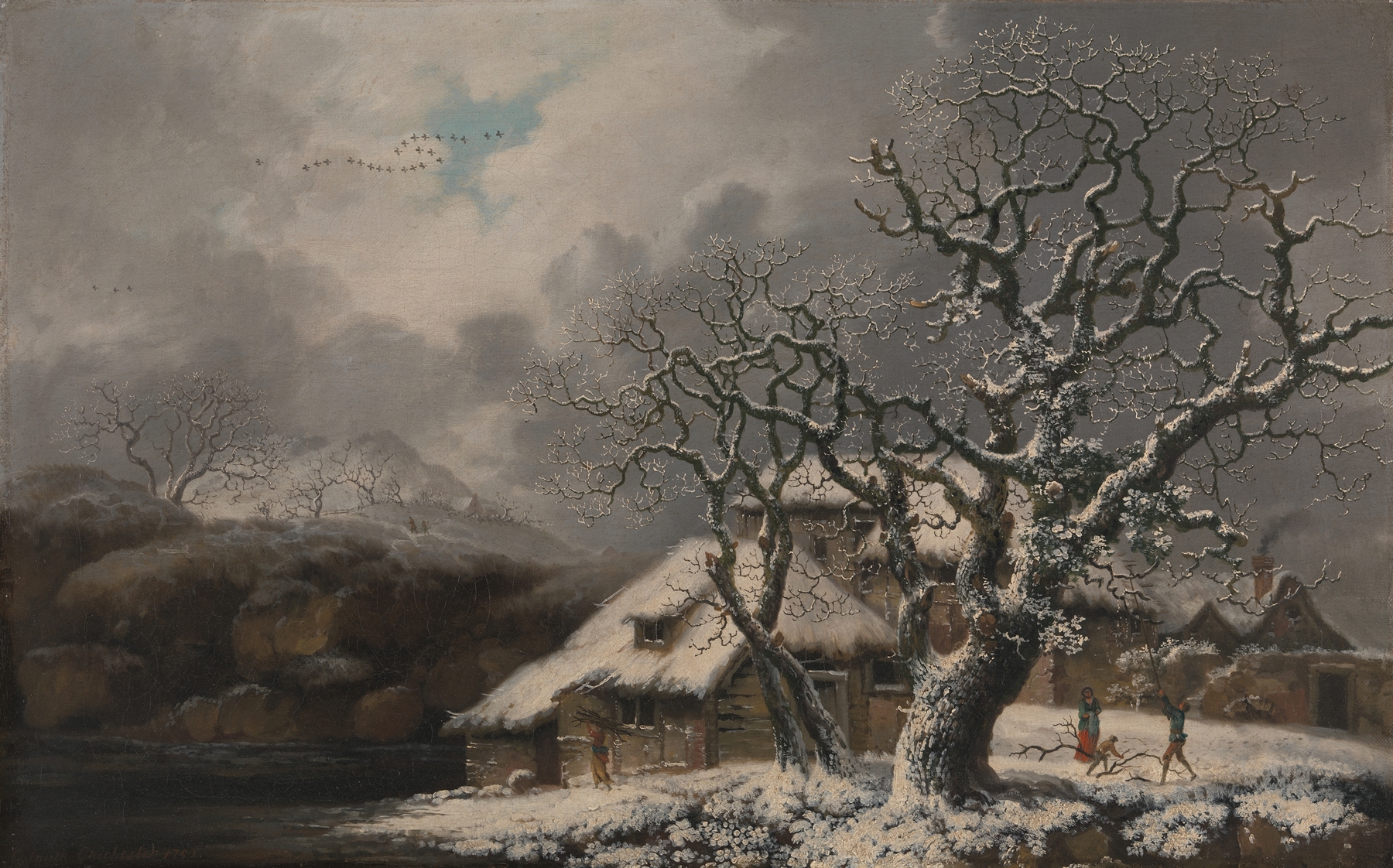 A Winter Landscape by George Smith, oil painting depicting a snow-covered path and serene winter sky.