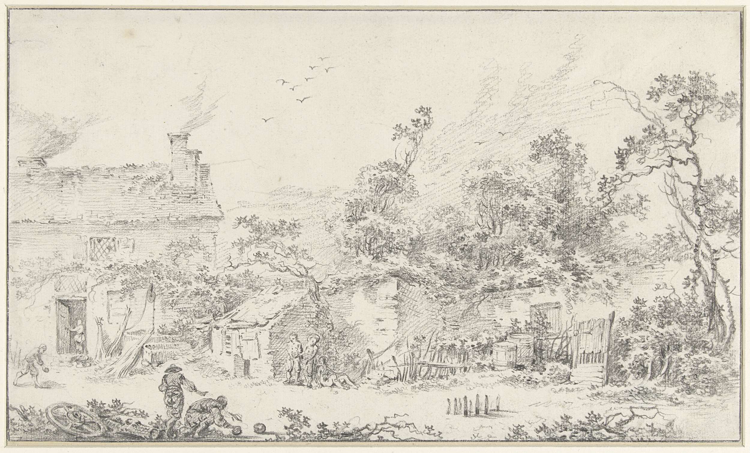 Rococo landscape by Jean Baptiste Pillement depicting a residence in a forest clearing
