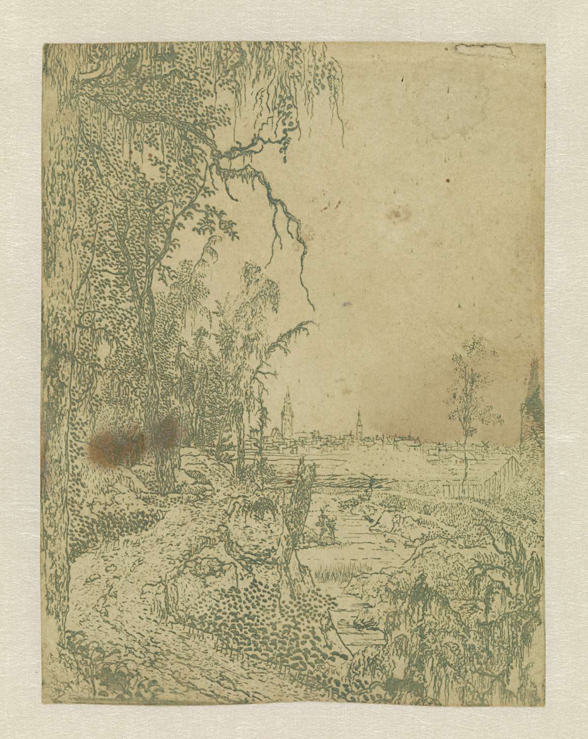 A Road Bordered by Trees, a City in the Background, by Hercules Segers, public domain
