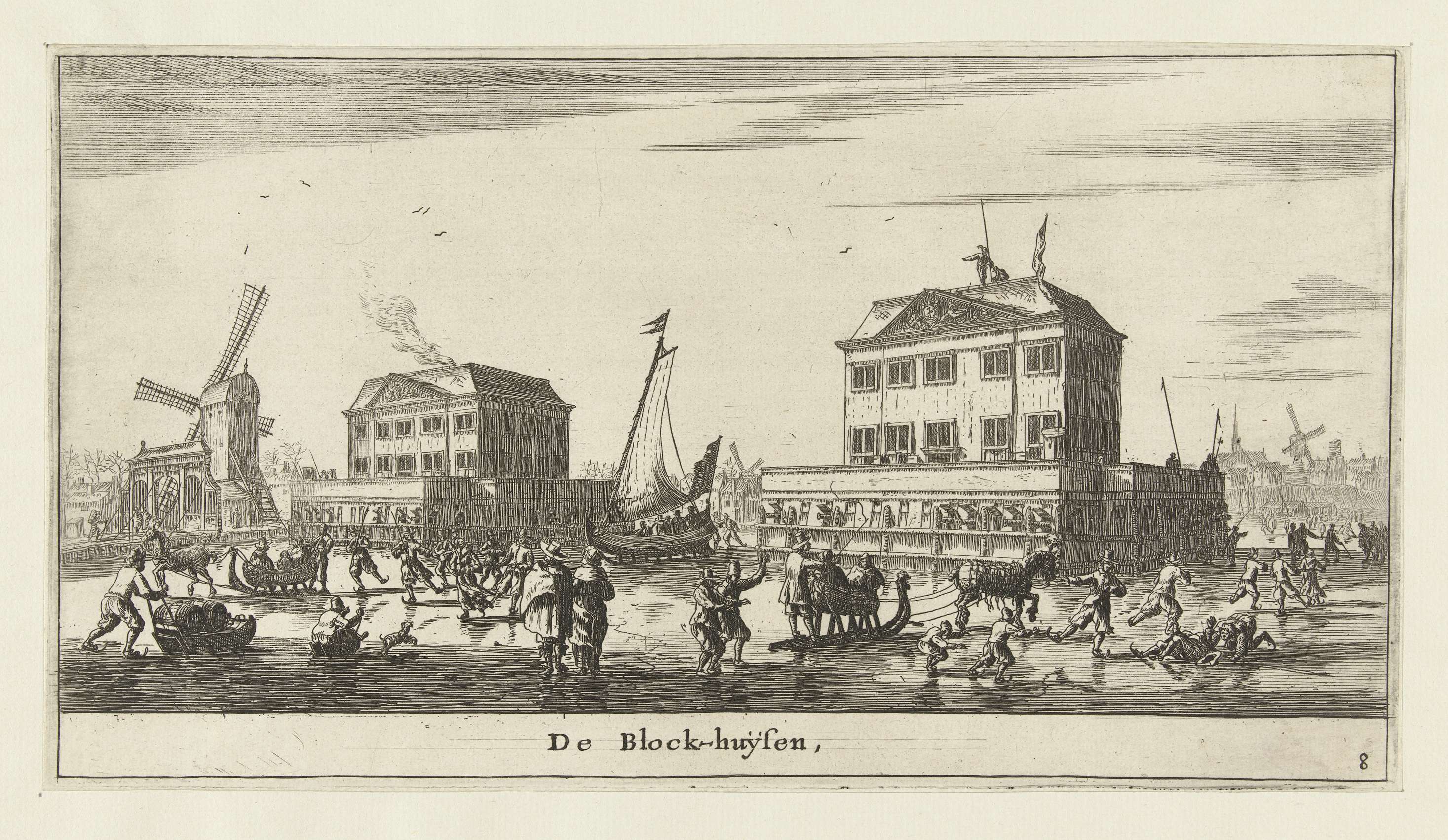 Etching by Reinier Nooms showing houses along the Amstel river