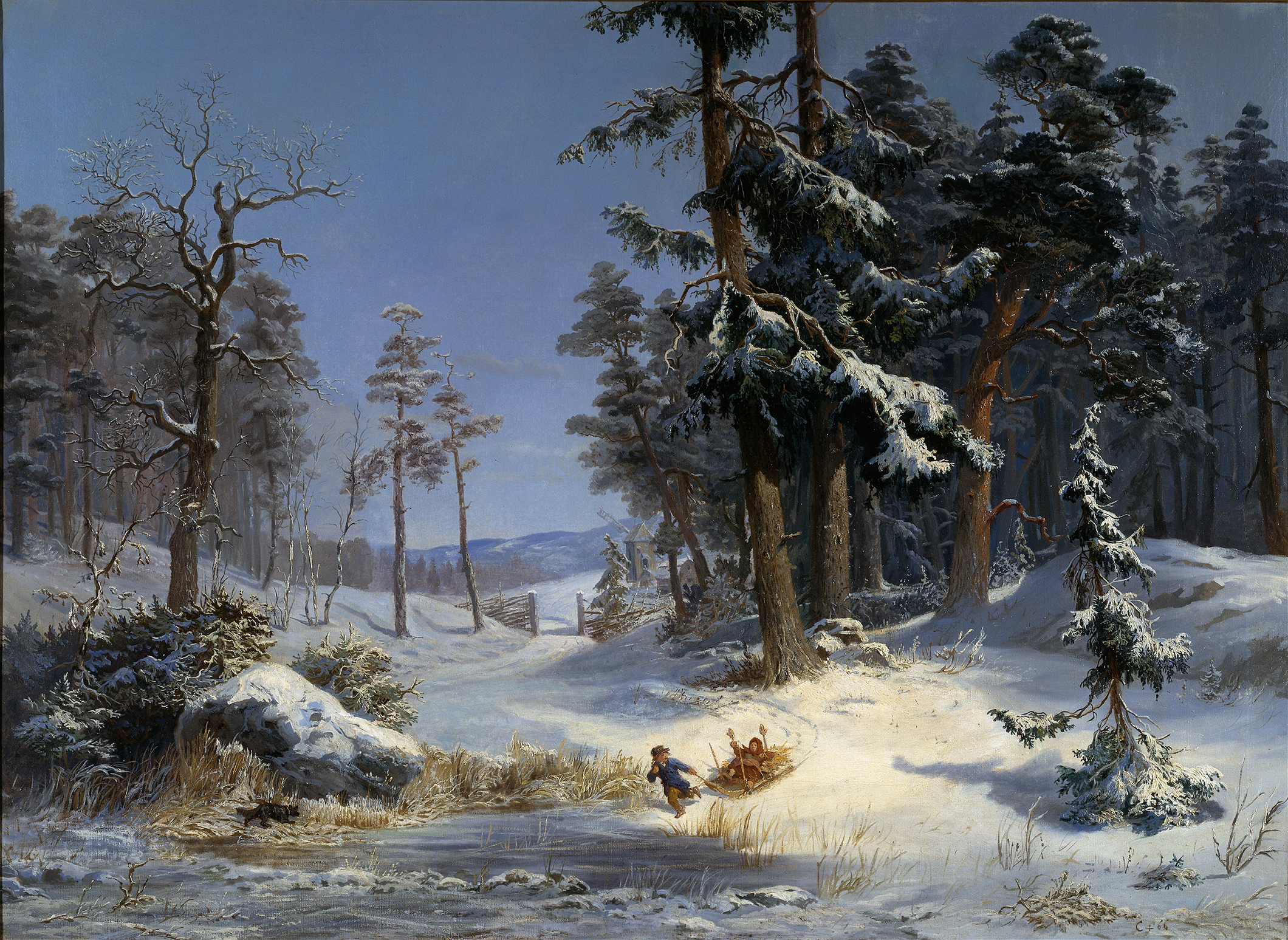 Winter landscape oil painting by Charles XV of Sweden, featuring snow-covered terrain.