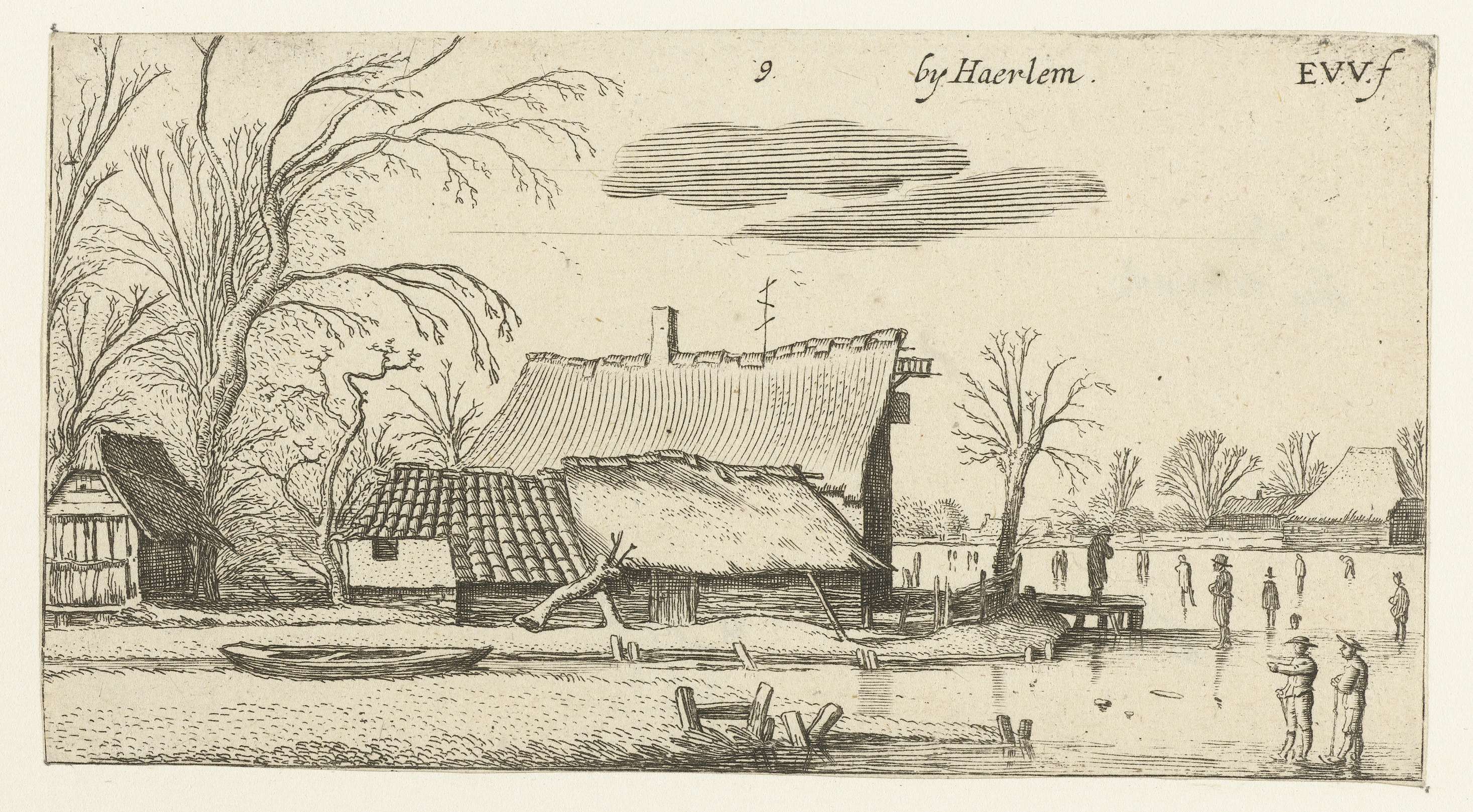 Boerderij bij een bevroren rivier met schaatsers, etching by Esaias van de Velde