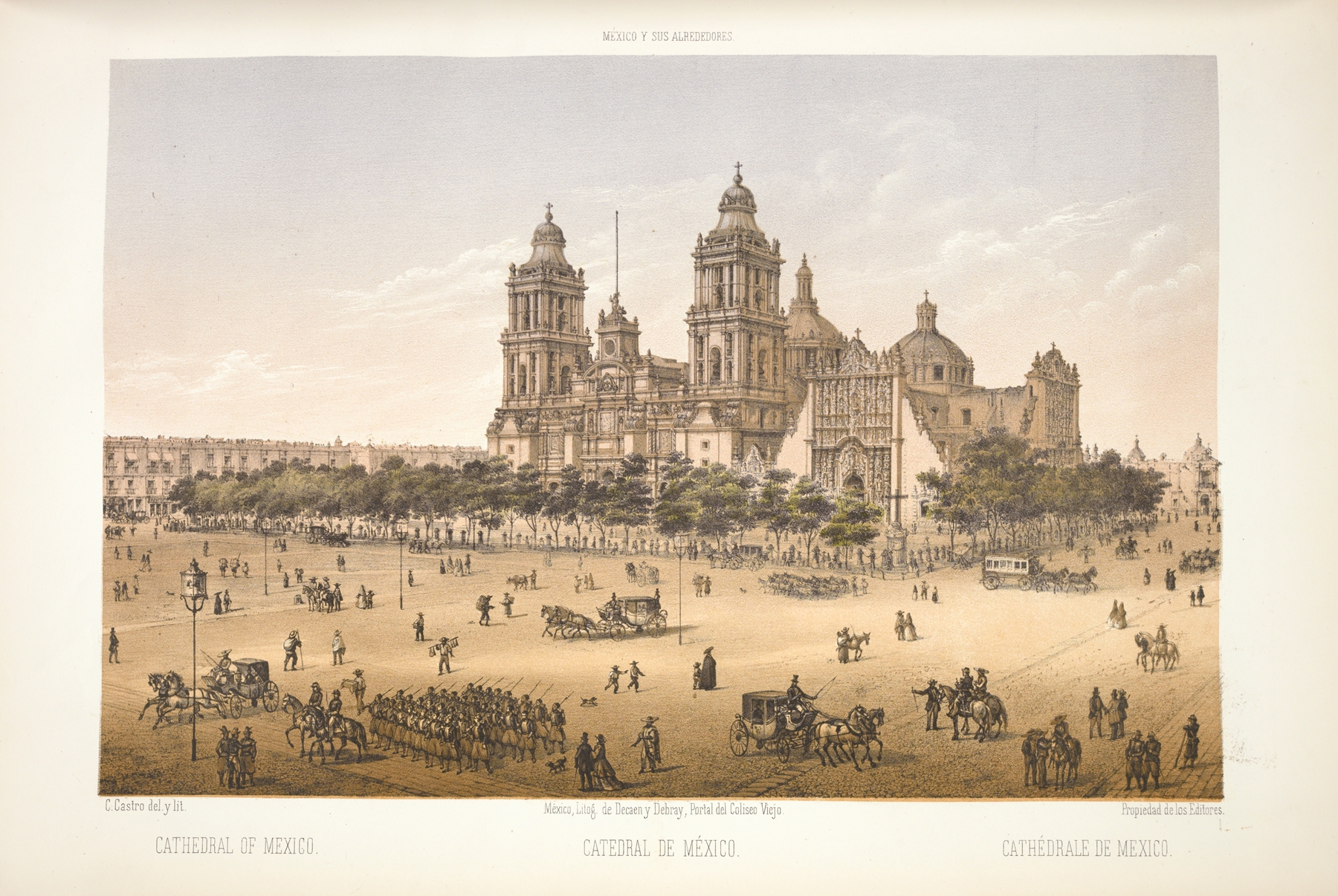 Cathedral of Mexico by C. Castro, oil painting depicting intricate stonework and façade