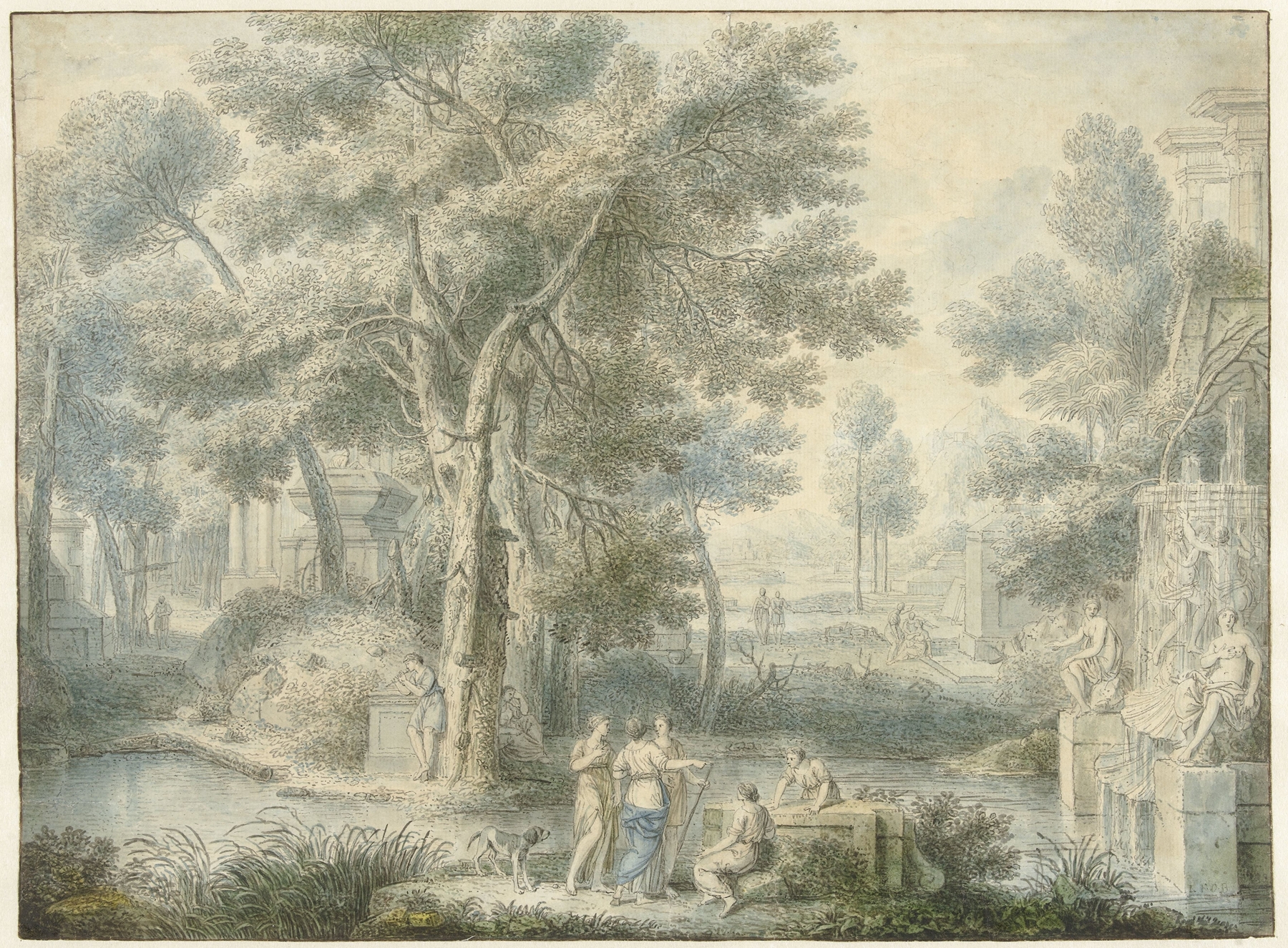 Landscape with a fountain in the foreground, by Louis Fabritius Dubourg, Dutch Golden Age