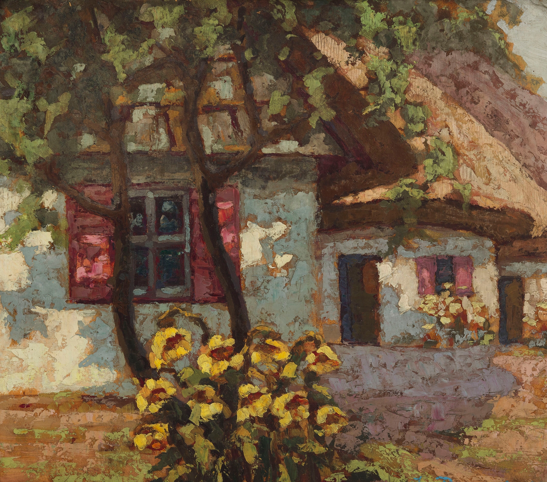 Polish Cottages by Jan Bohuszewicz, oil on canvas, depicting rural cottages in sunlight