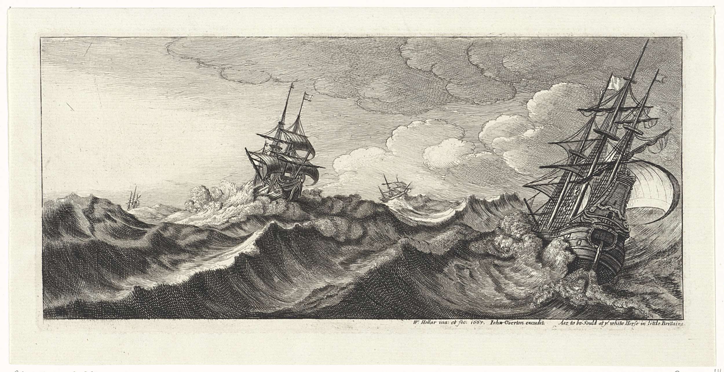Oorlogsschepen in een zeestorm, etching by Wenceslaus Hollar showing ships in a turbulent sea