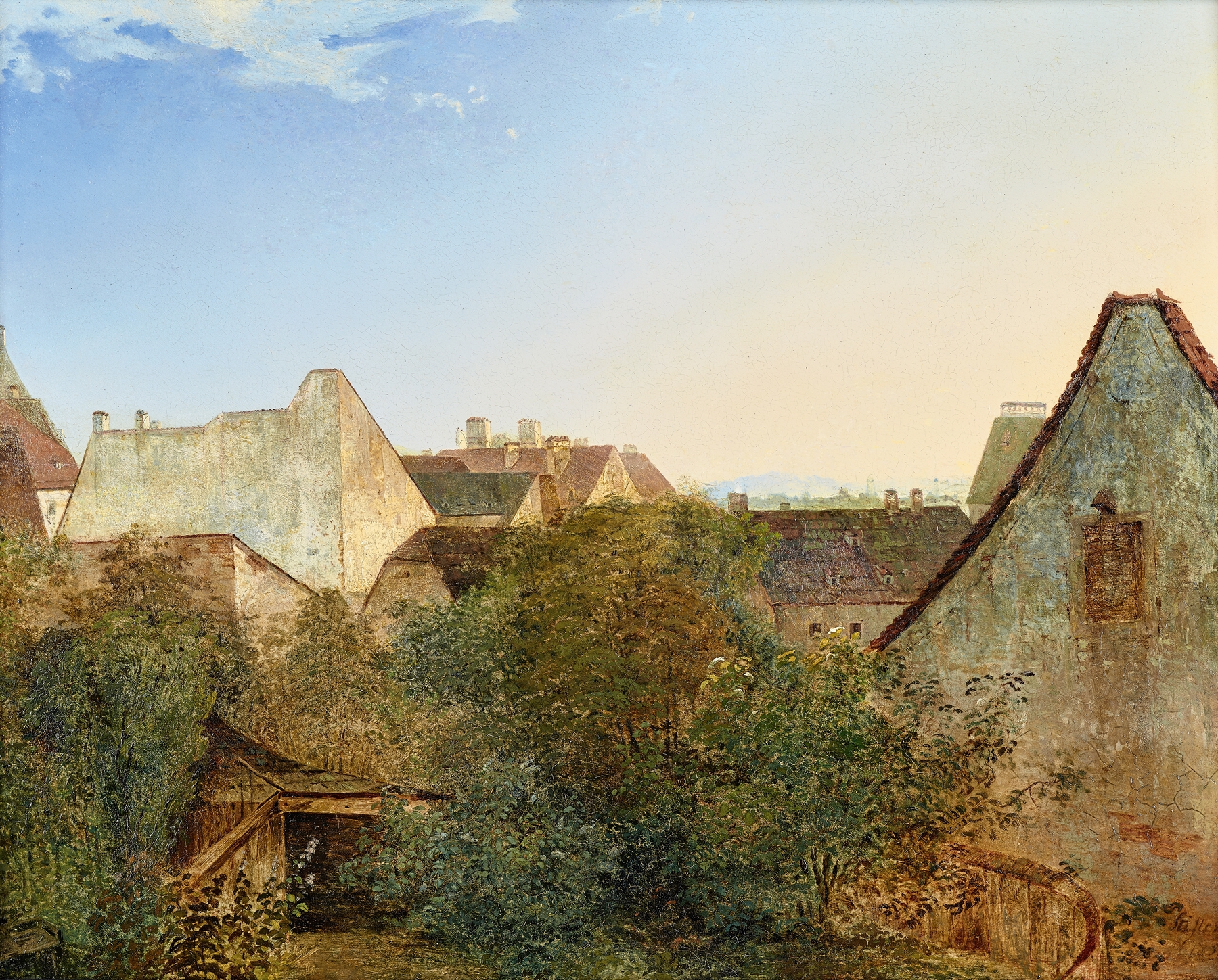 Landscape of suburban houses in oil on canvas by Adalbert Stifter