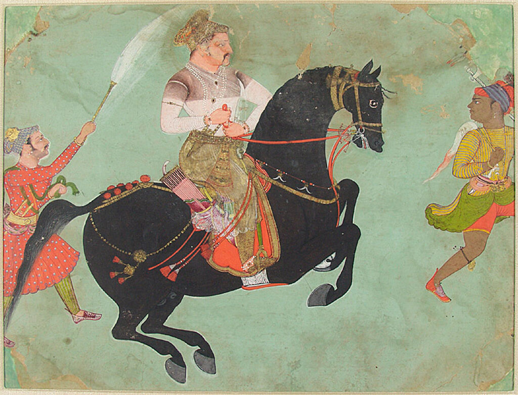 Raja on a black horse with attendants, gold medium, by The Kota Master