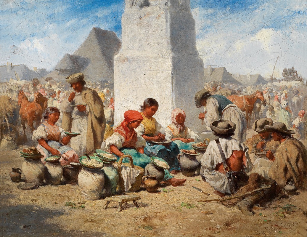 A lively market scene in Szolnok featuring the Trinity Column.