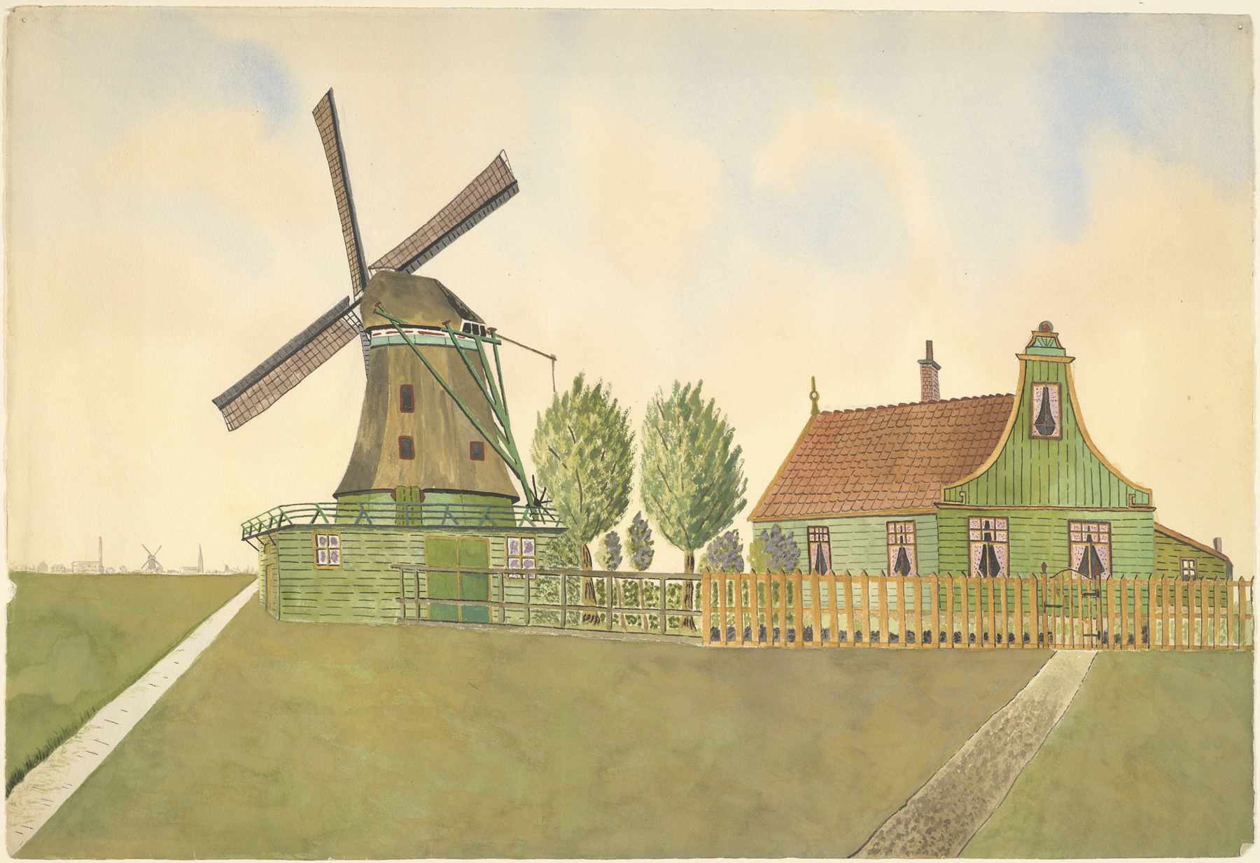 Landscape with a windmill against a muted sky by Johannes Nicolaas Eijman, oil painting