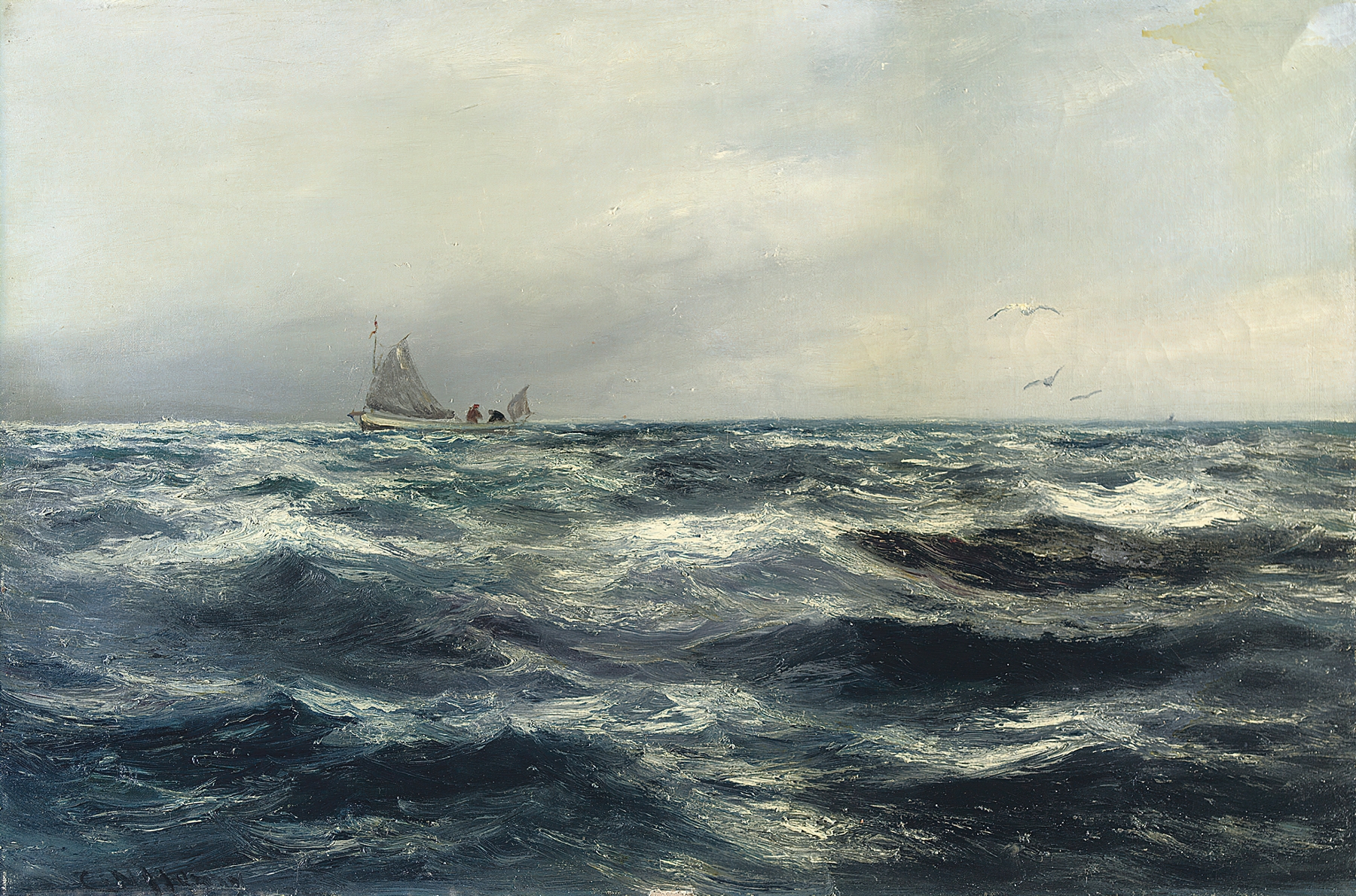 Marine scene with a working boat near the coastline, oil painting by Charles Napier Hemy