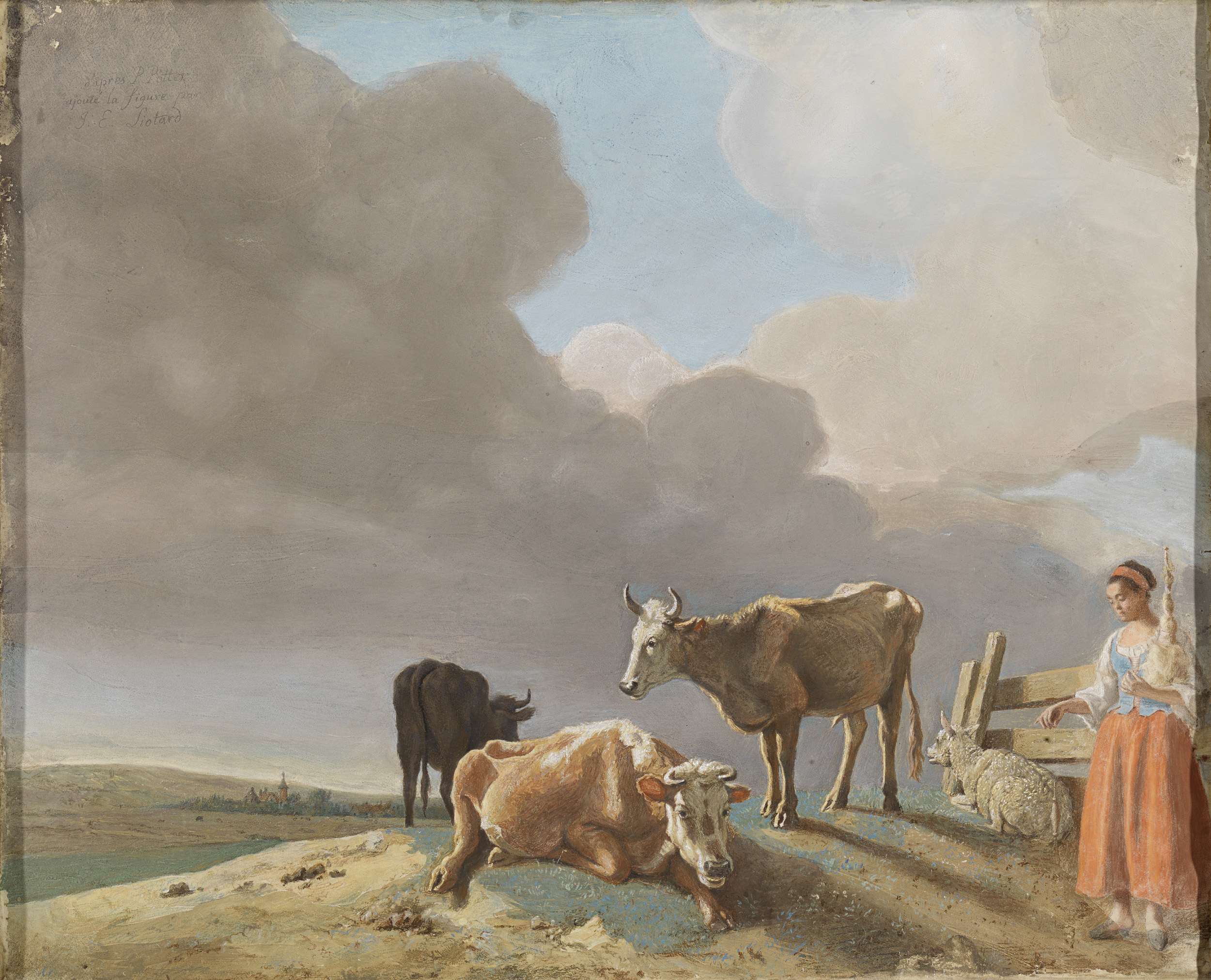 Landschap met koeien, schapen en herderin, gewijzigde kopie naar een schilderij van Paulus Potter, de herderin gekopieerd van een schilderij van Karel Dujardin (recto); onvoltooid portret van een man (verso), by Jean-Etienne Liotard, public domain