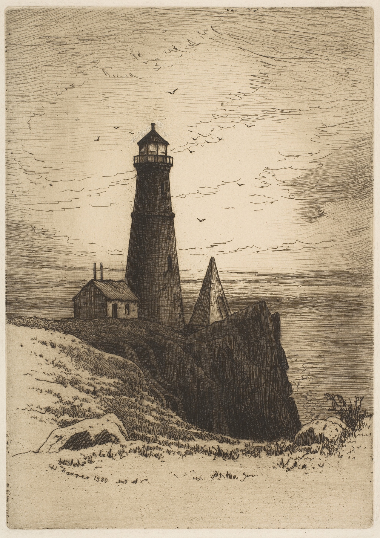 Lighthouse by Henry Farrer, oil on canvas, depicting a lighthouse amidst a stormy sea
