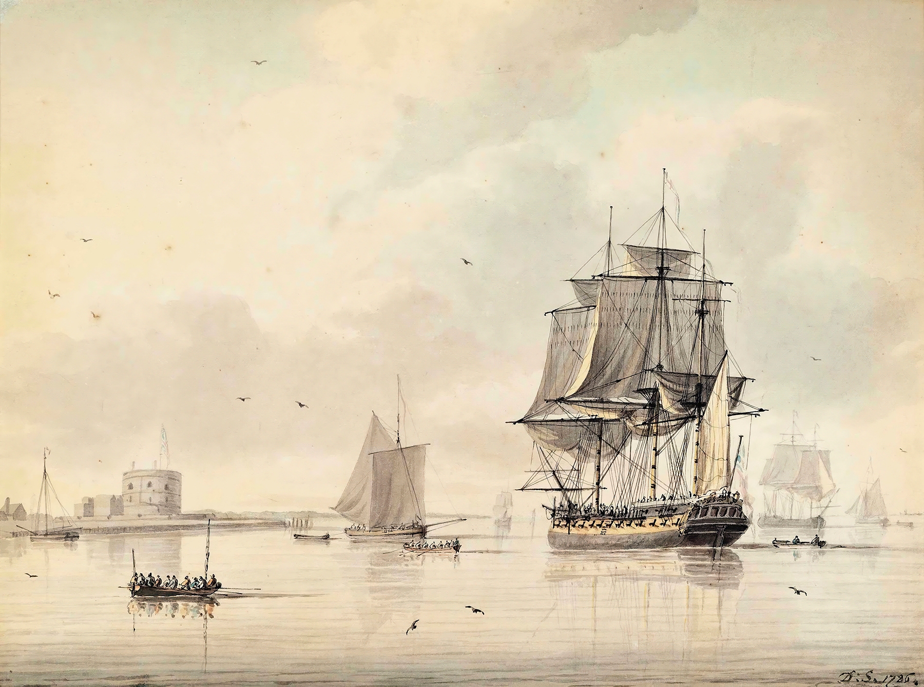 A Royal Navy Frigate Drying Her Sails Off Calshot Castle, Southampton, by Dominic Serres, public domain