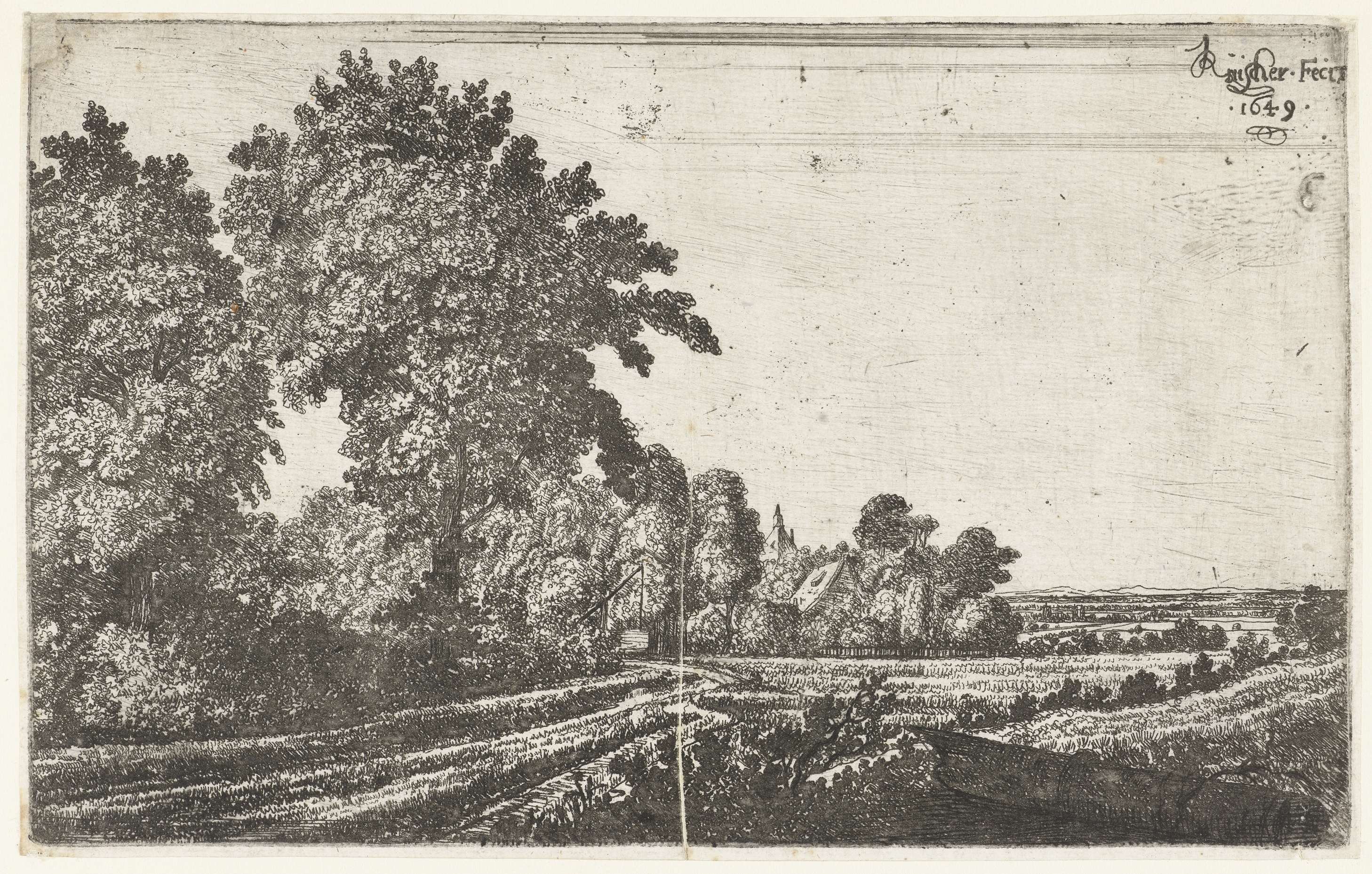 Landscape etching by Jan Ruyscher featuring trees and a pathway