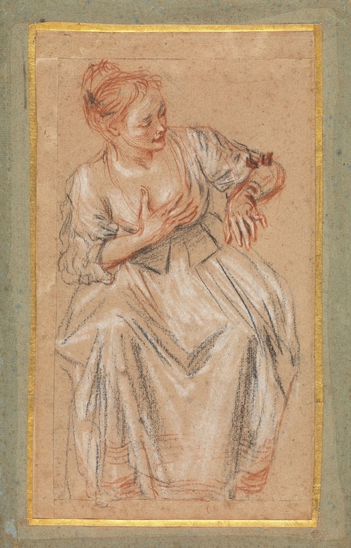 A seated woman in a Rococo style painting by Jean-Antoine Watteau.