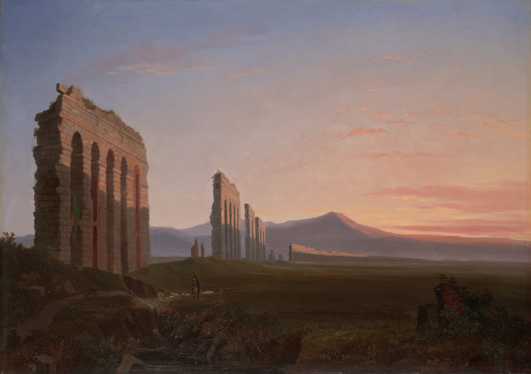Landscape of the Roman Campagna by Benjamin Champney, oil painting featuring hills and wildflowers.