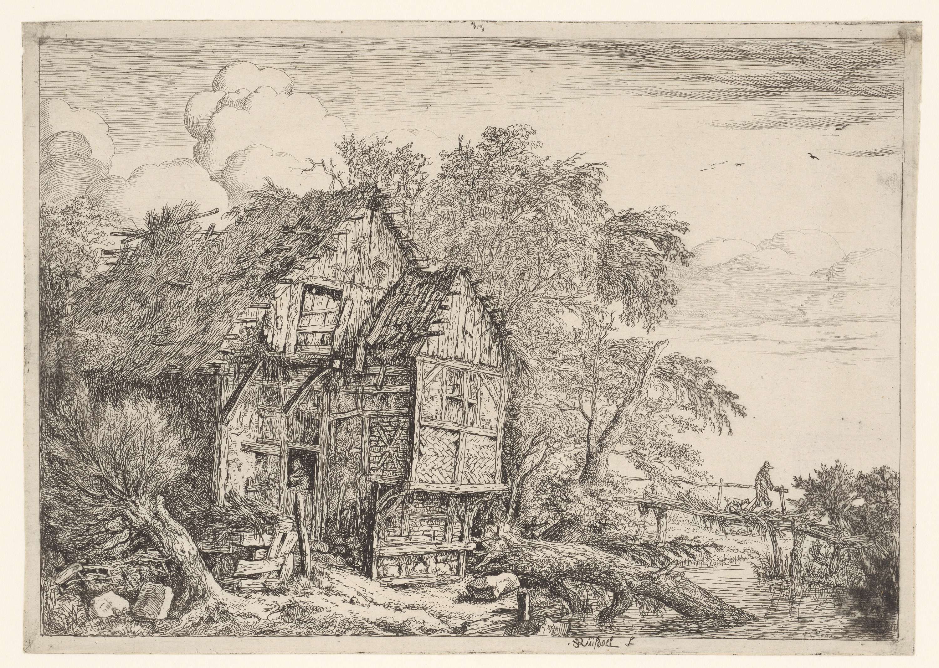 De kleine brug, etching by Jacob Isaacksz van Ruisdael, showing a bridge over a winding stream.