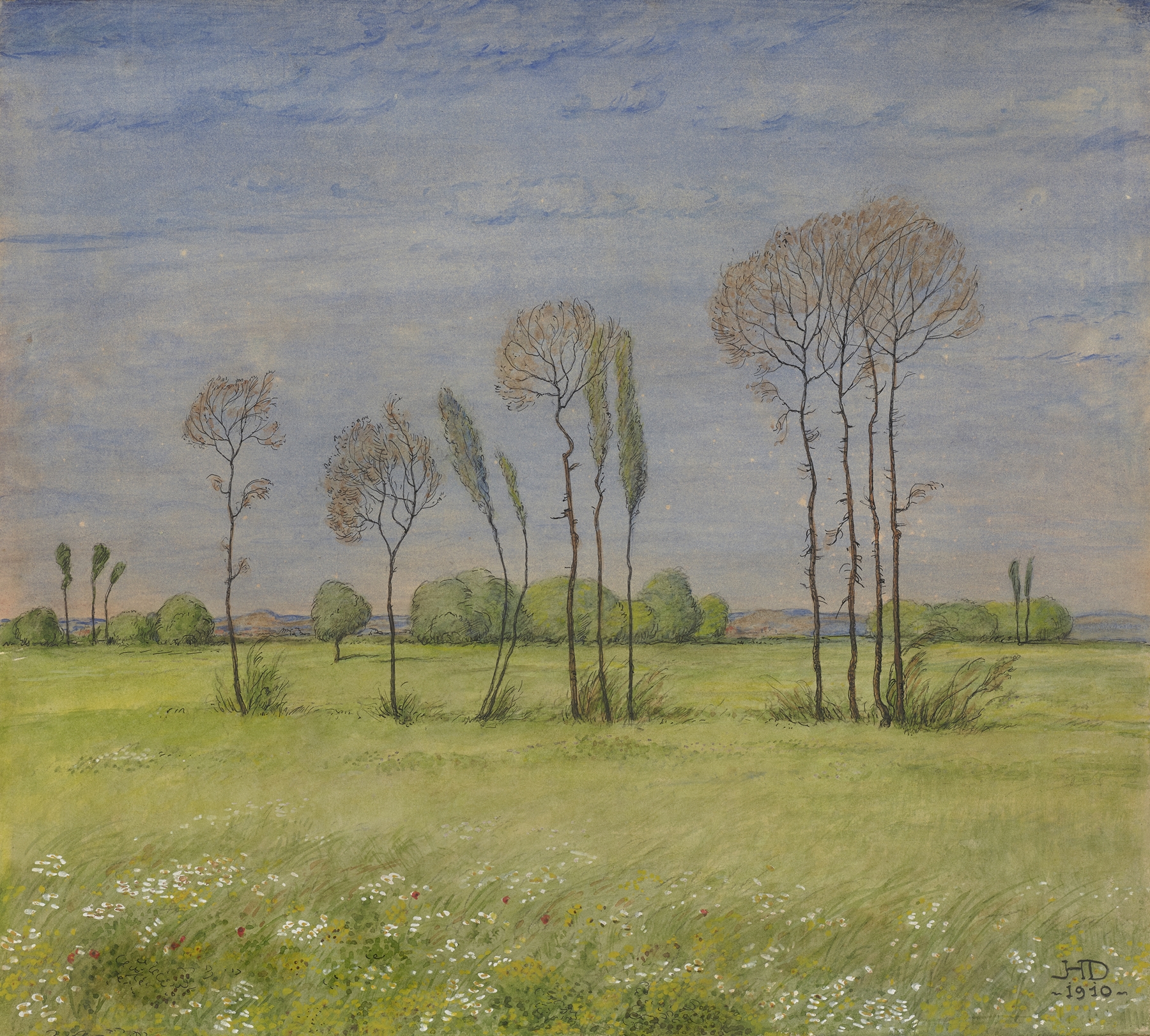 Landscape in spring by Hermann Dumler, impressionism, depicting vibrant flowers and greenery.