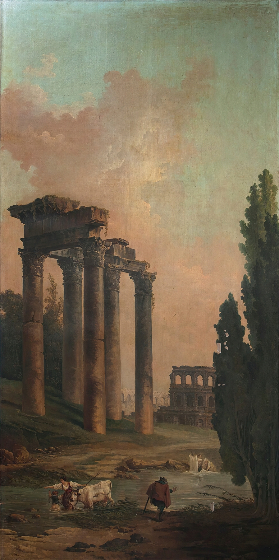 Architectural Capriccio with ruins of the Temple of Saturn and the Colosseum in the background, by Hubert Robert, public domain