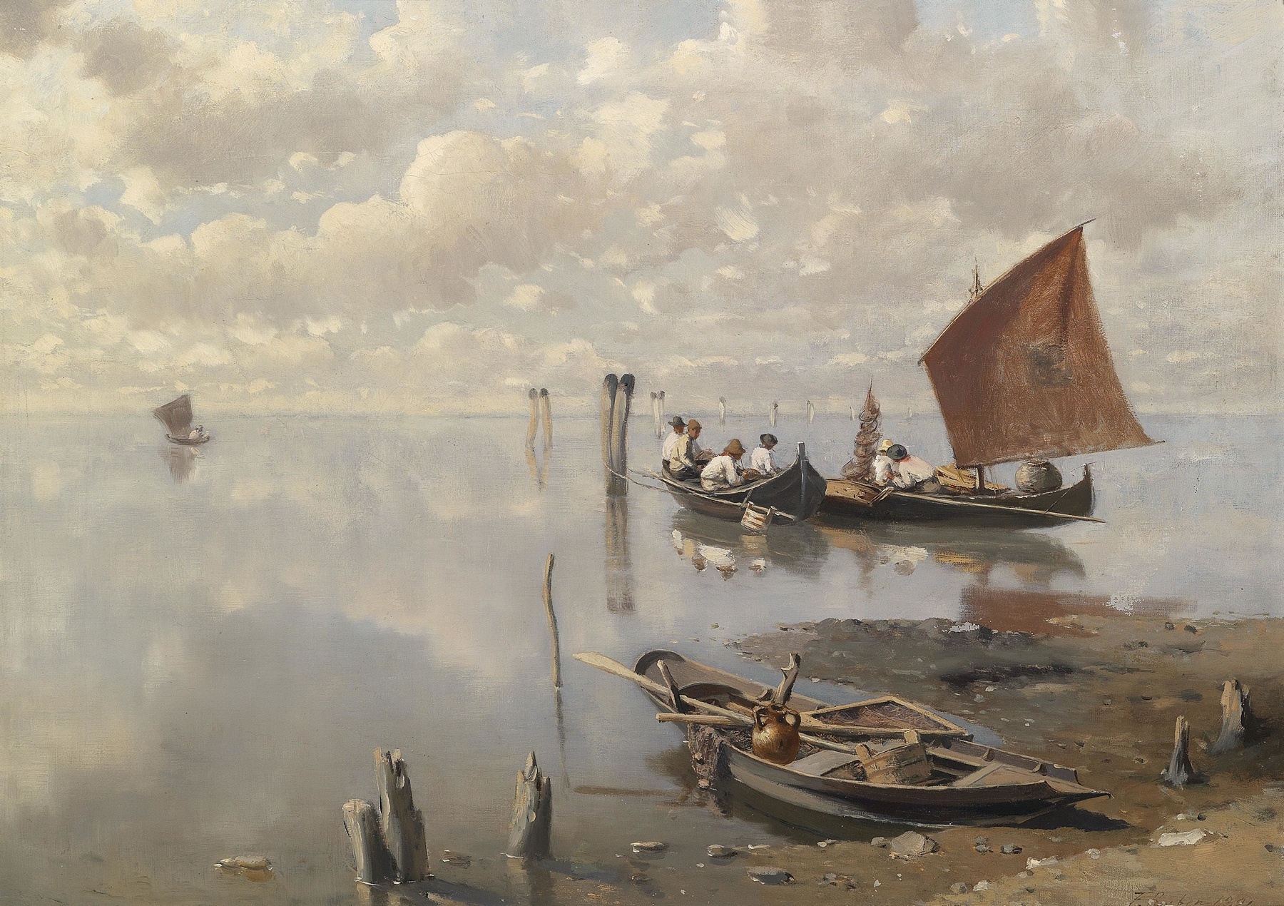 Lagoon scene with gentle ripples, oil painting by Franz Leo Ruben