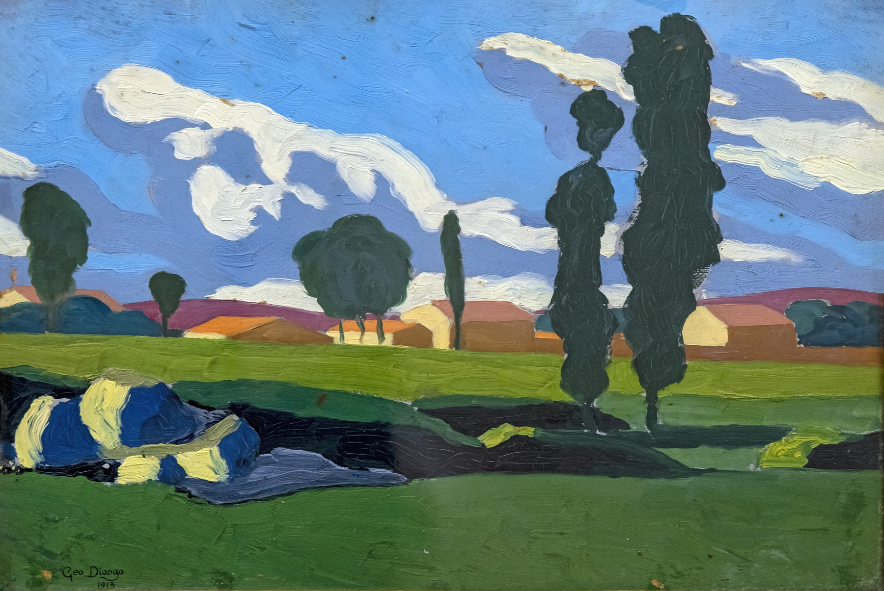 Impressionist landscape featuring a path among poplar trees by Georges Gaudion