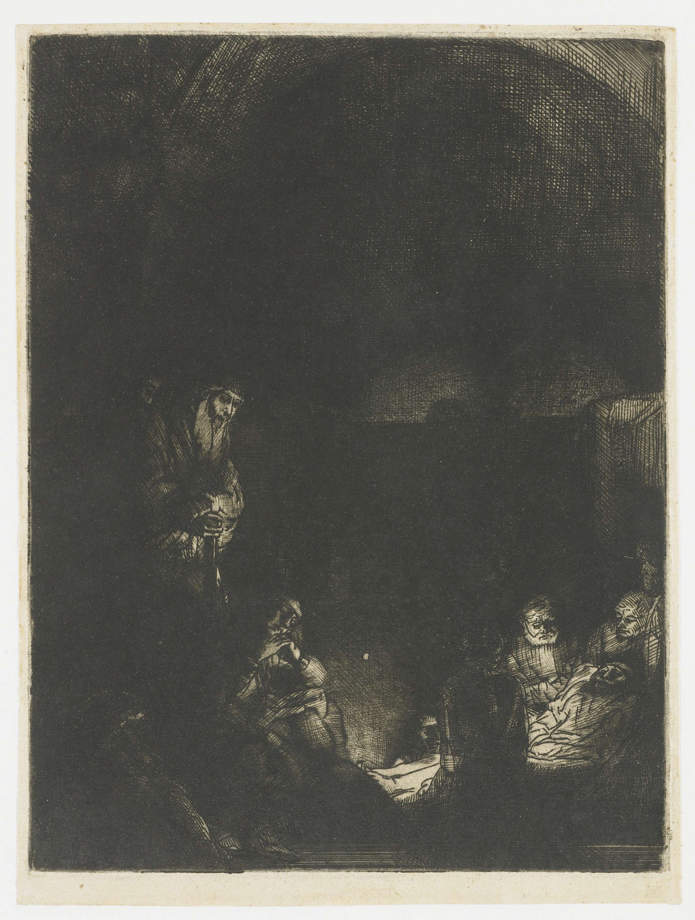 Etching by Rembrandt van Rijn depicting Christ in shadow and light.