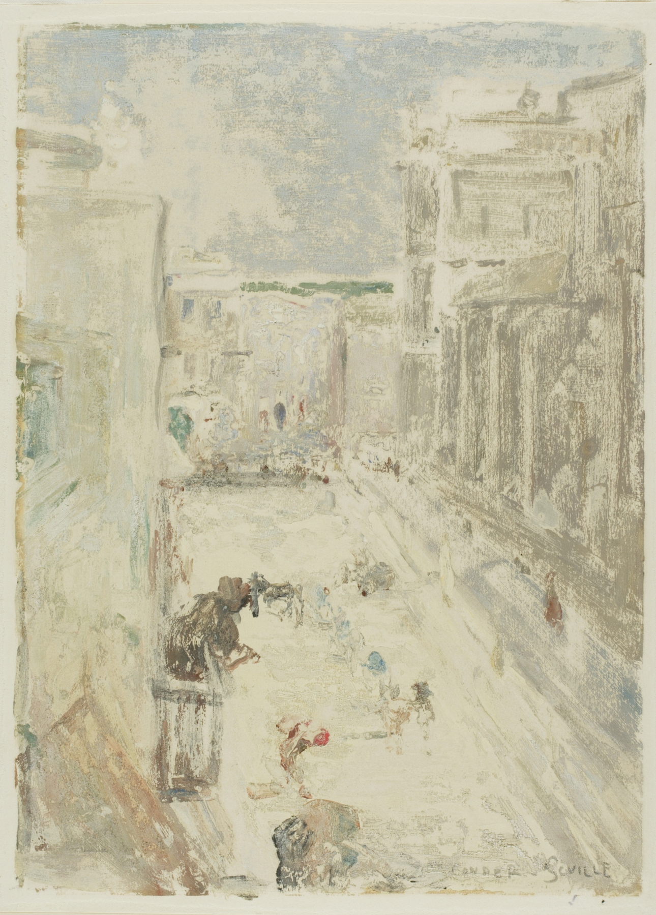 Street in Seville by Charles Conder, oil on canvas depicting a lively street scene with figures and bright sunlight.