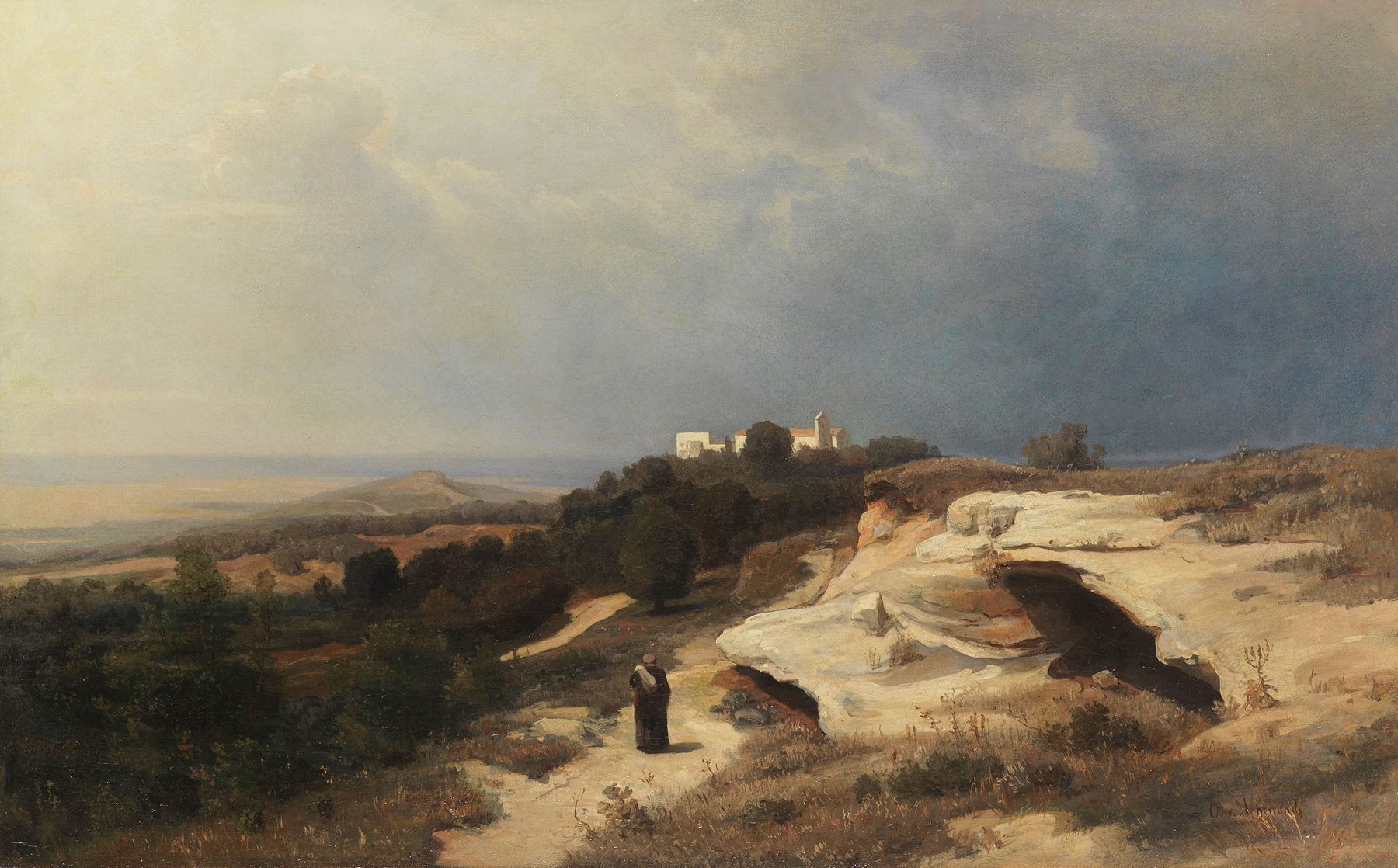Oil on canvas by Oswald Achenbach depicting a monk on a path through a tranquil landscape.