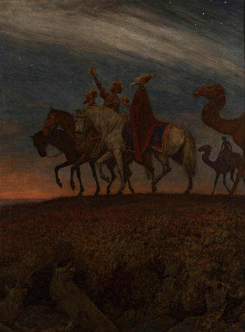 This painting depicts the Three Magi on their journey to Bethlehem.