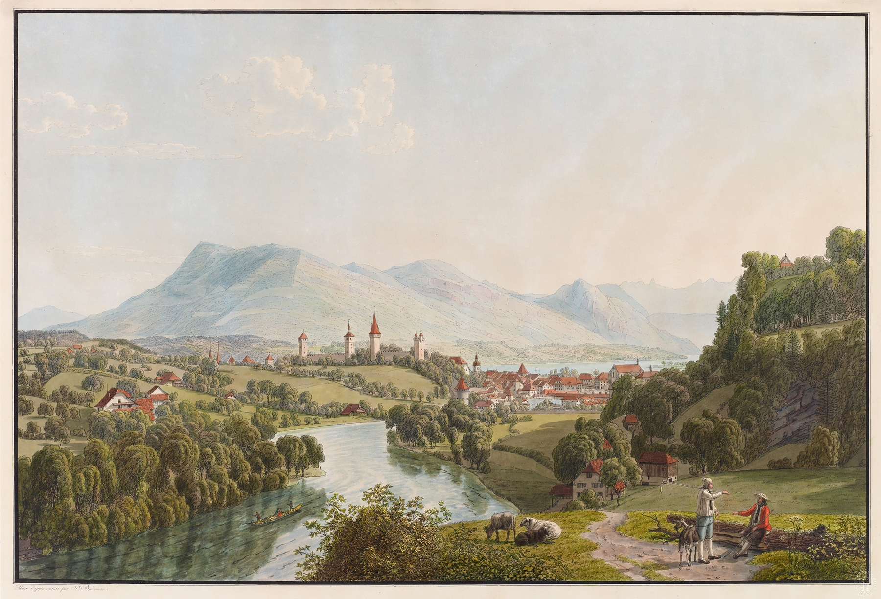 Luzern, von Südwesten by Johann Jakob Biedermann, oil painting depicting a serene landscape with lake and mountains.