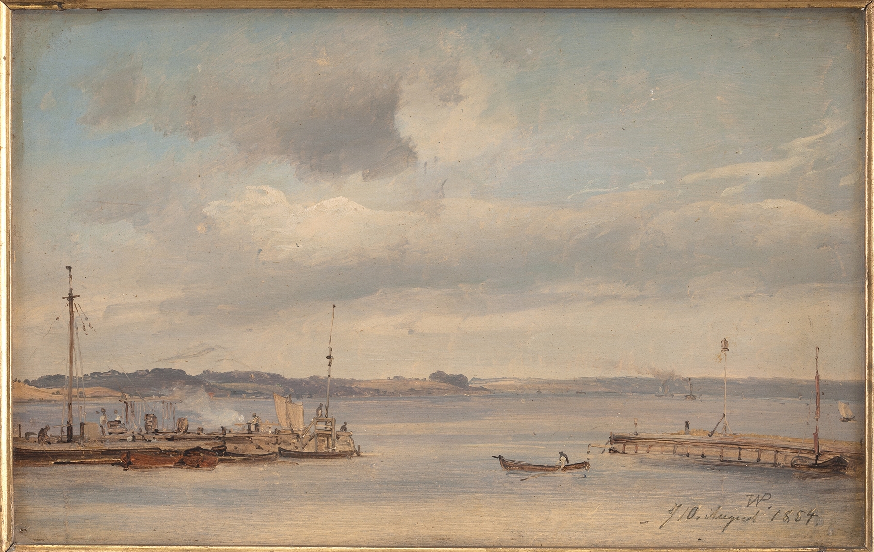 oil on canvas by Vilhelm Petersen depicting a serene harbor with boats and calm water