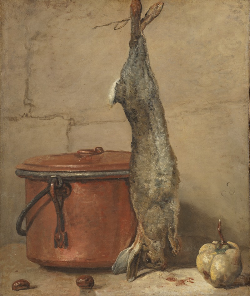 A still life painting featuring a rabbit and a copper pot.