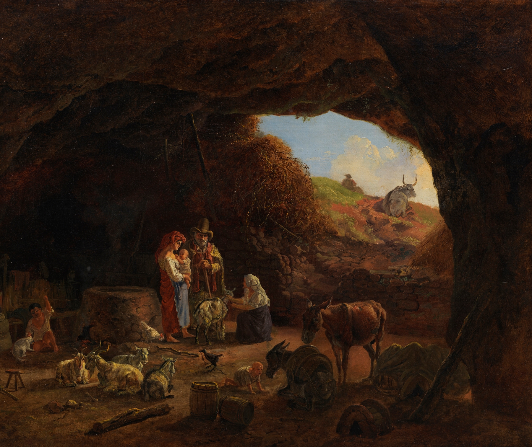 Genre scene depicting a shepherd family in a cave, oil painting by Heinrich Bürkel