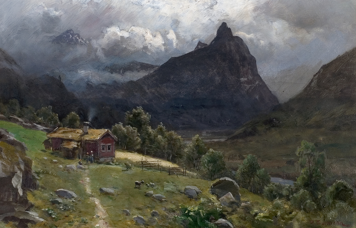 Landskap by Peder Cappelen Thurmann, oil painting depicting a colorful landscape with a tumultuous sky.
