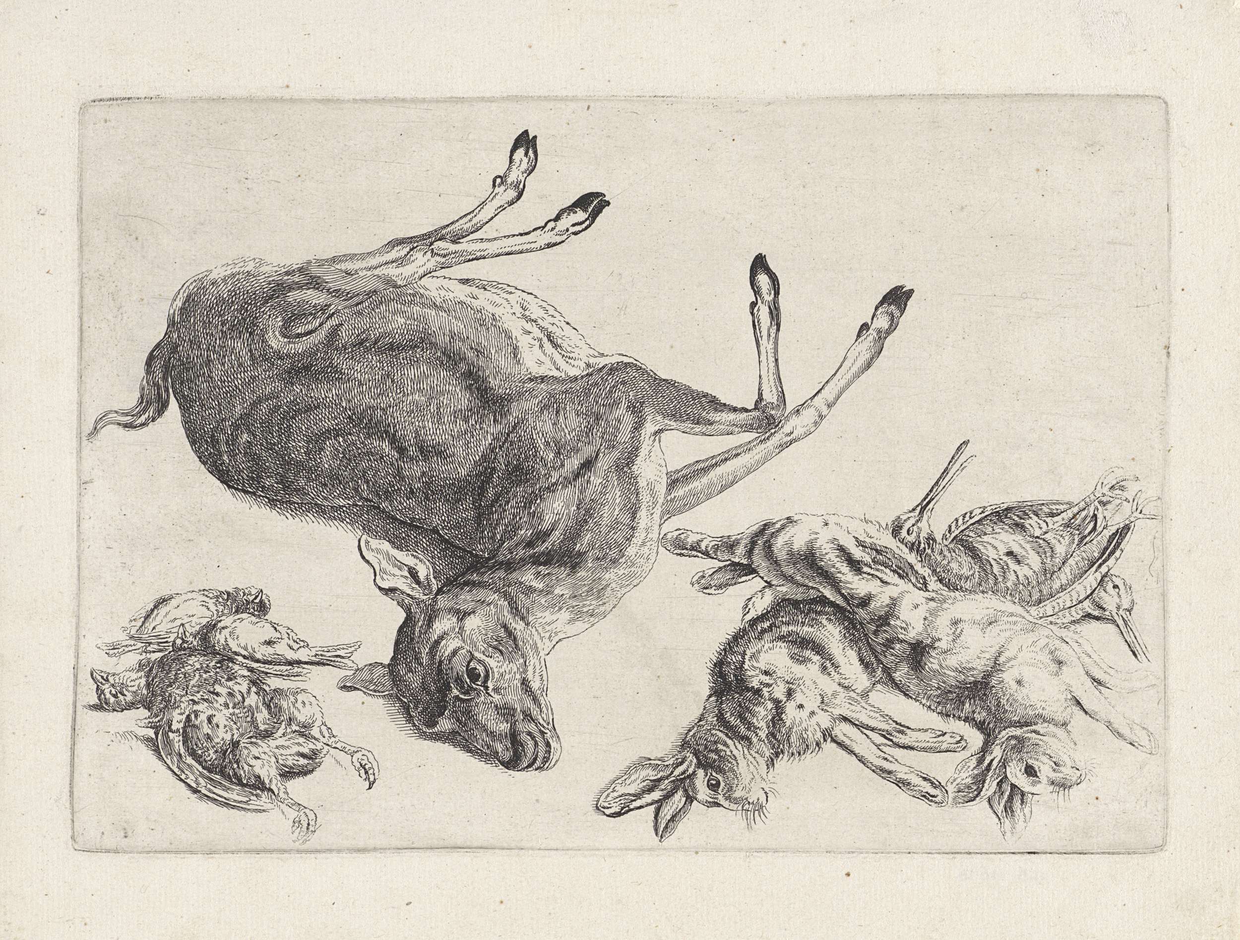 Etching by Wenceslaus Hollar depicting a dead stag, hares, and birds.