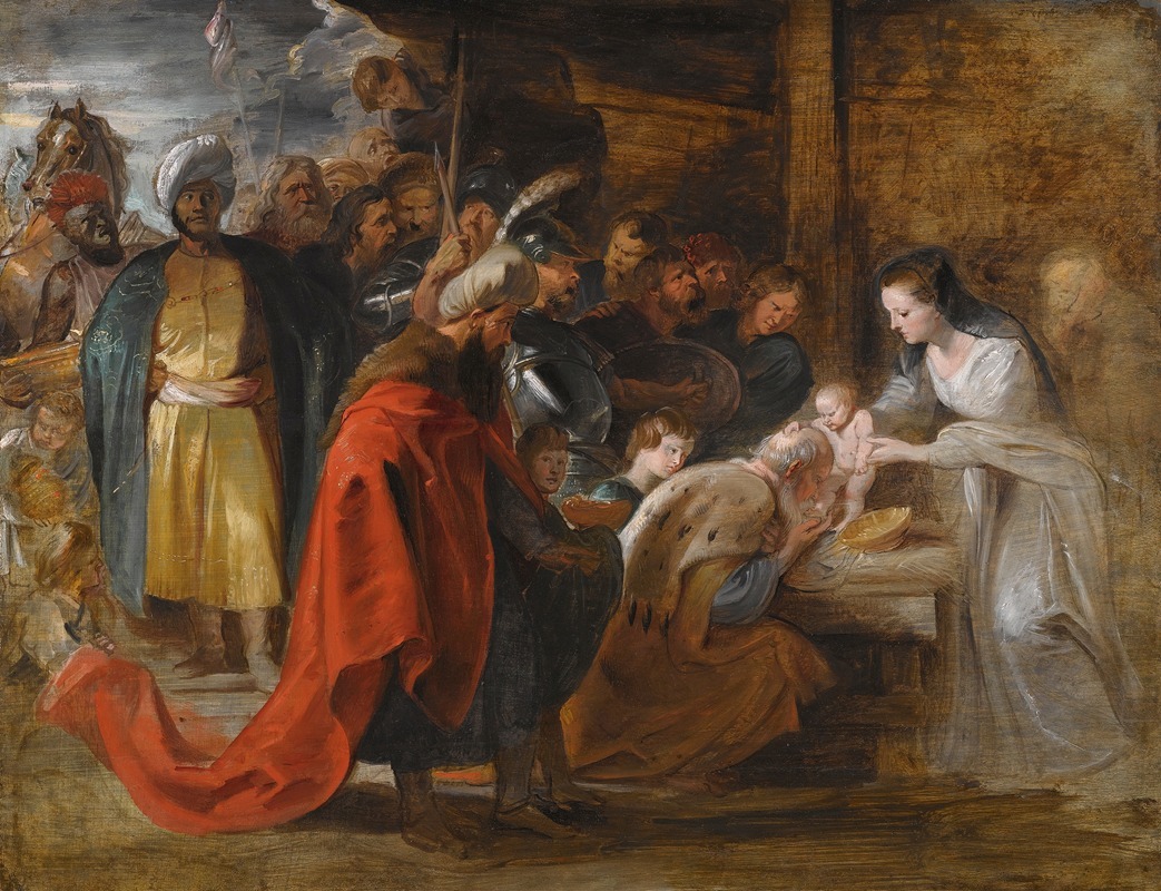 This painting depicts the Magi presenting gifts to the infant Jesus.