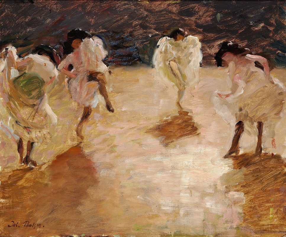 A lively depiction of young women dancing the cancan in Paris.