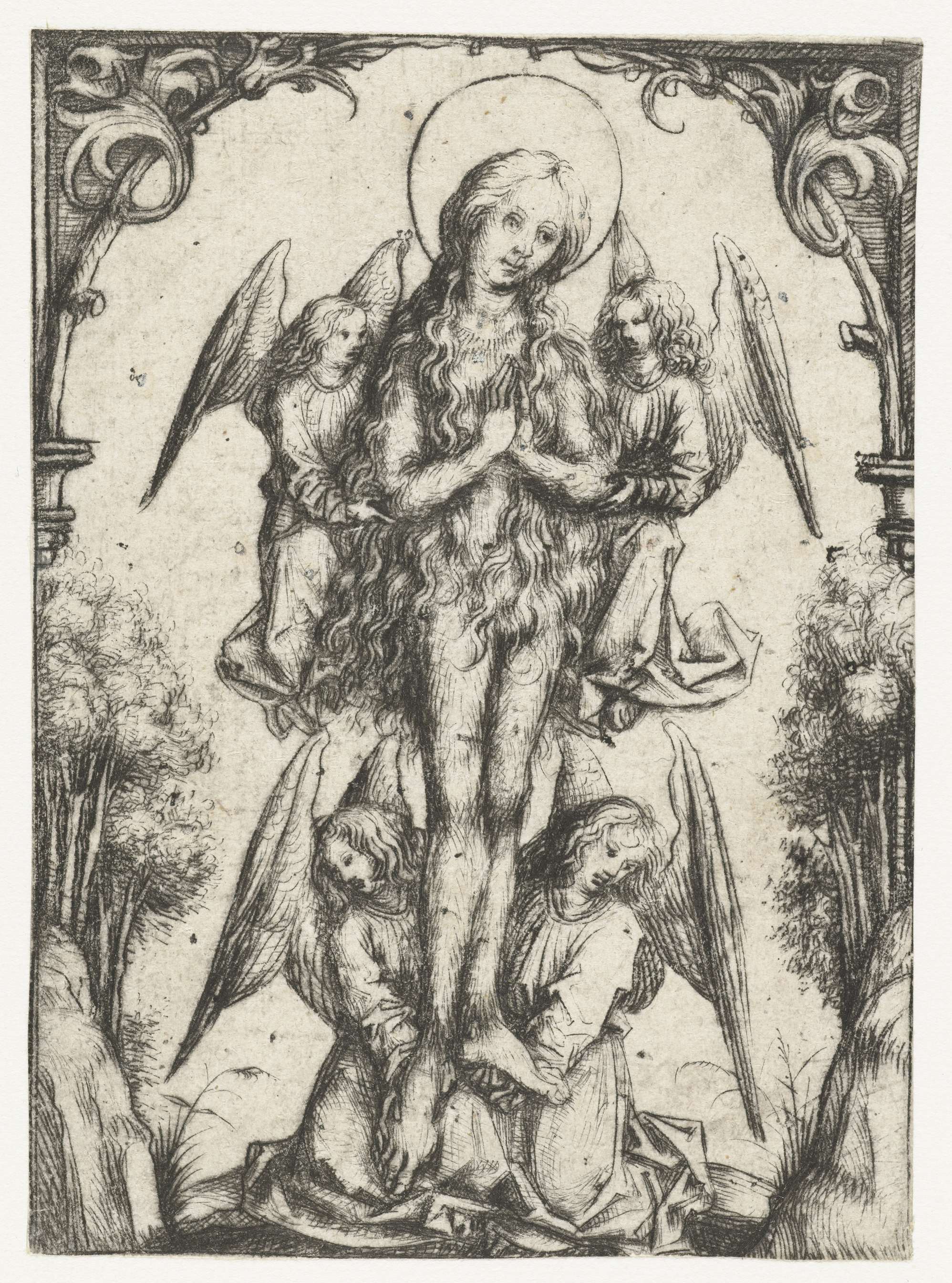 De elevatie van de H. Maria Magdalena met vier engelen, drypoint by Meester van het Amsterdamse Kabinet