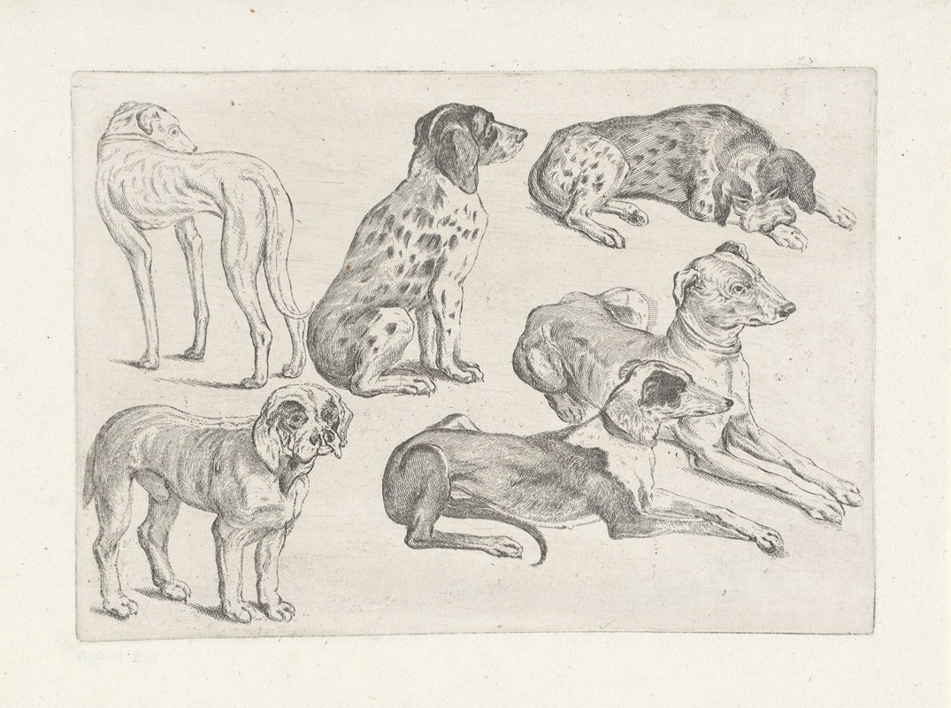 Wenceslaus Hollar's 'Six hunting dogs' depicts a group of dogs in a natural setting.
