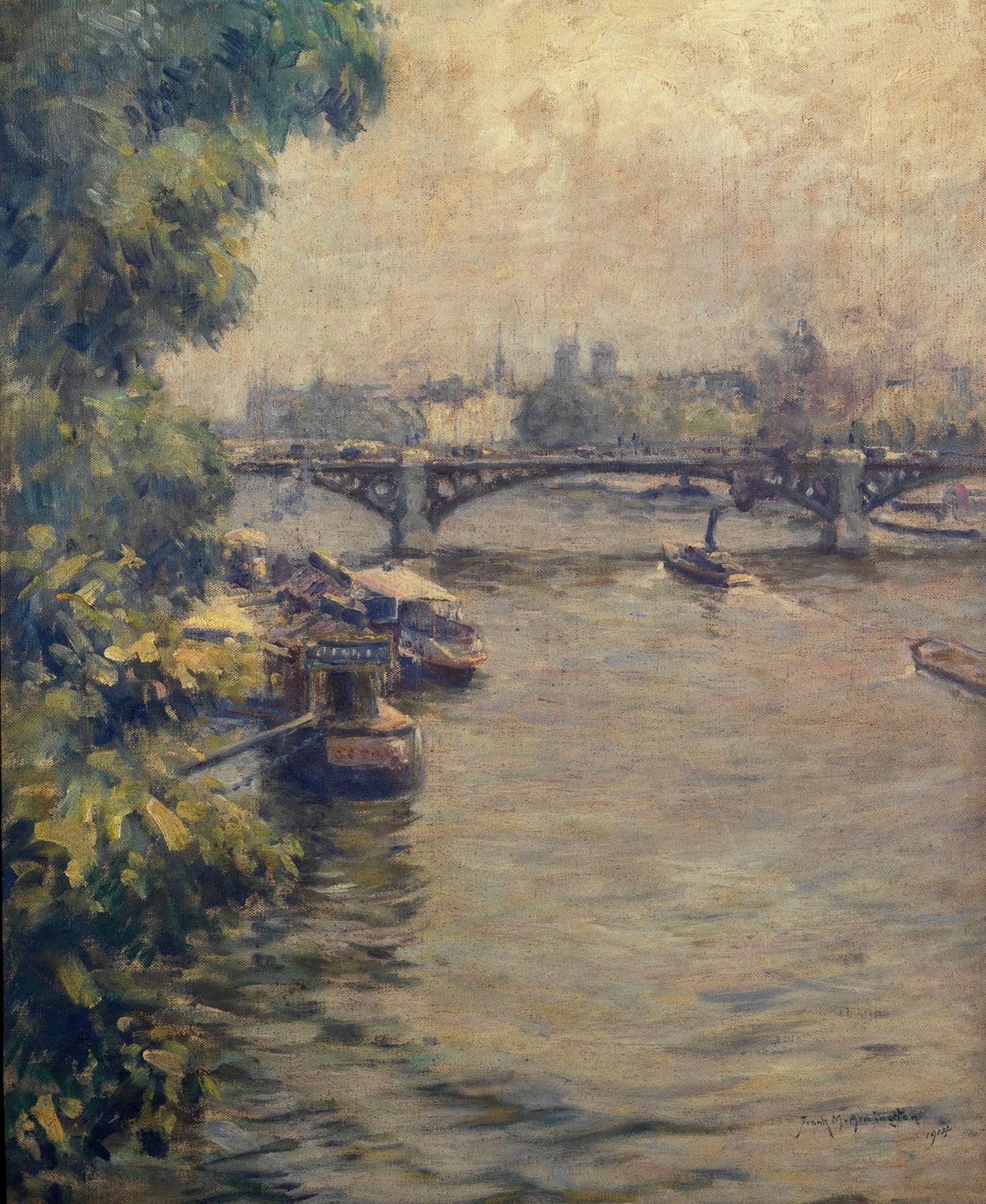 Le pont du Carrousel, oil on canvas by Frank Milton Armington, depicting a bridge and reflections on water.