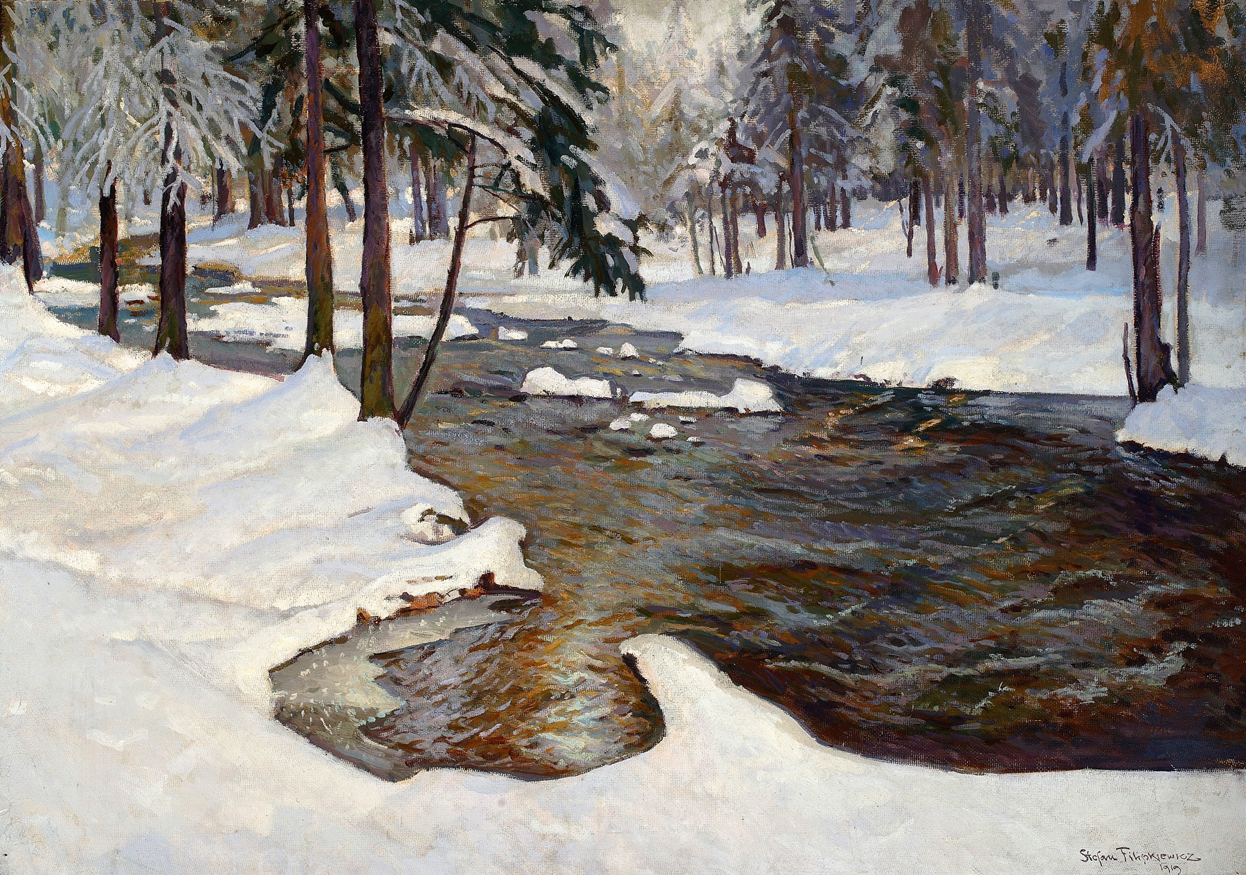 Forest stream in winter by Stefan Filipkiewicz, oil on canvas