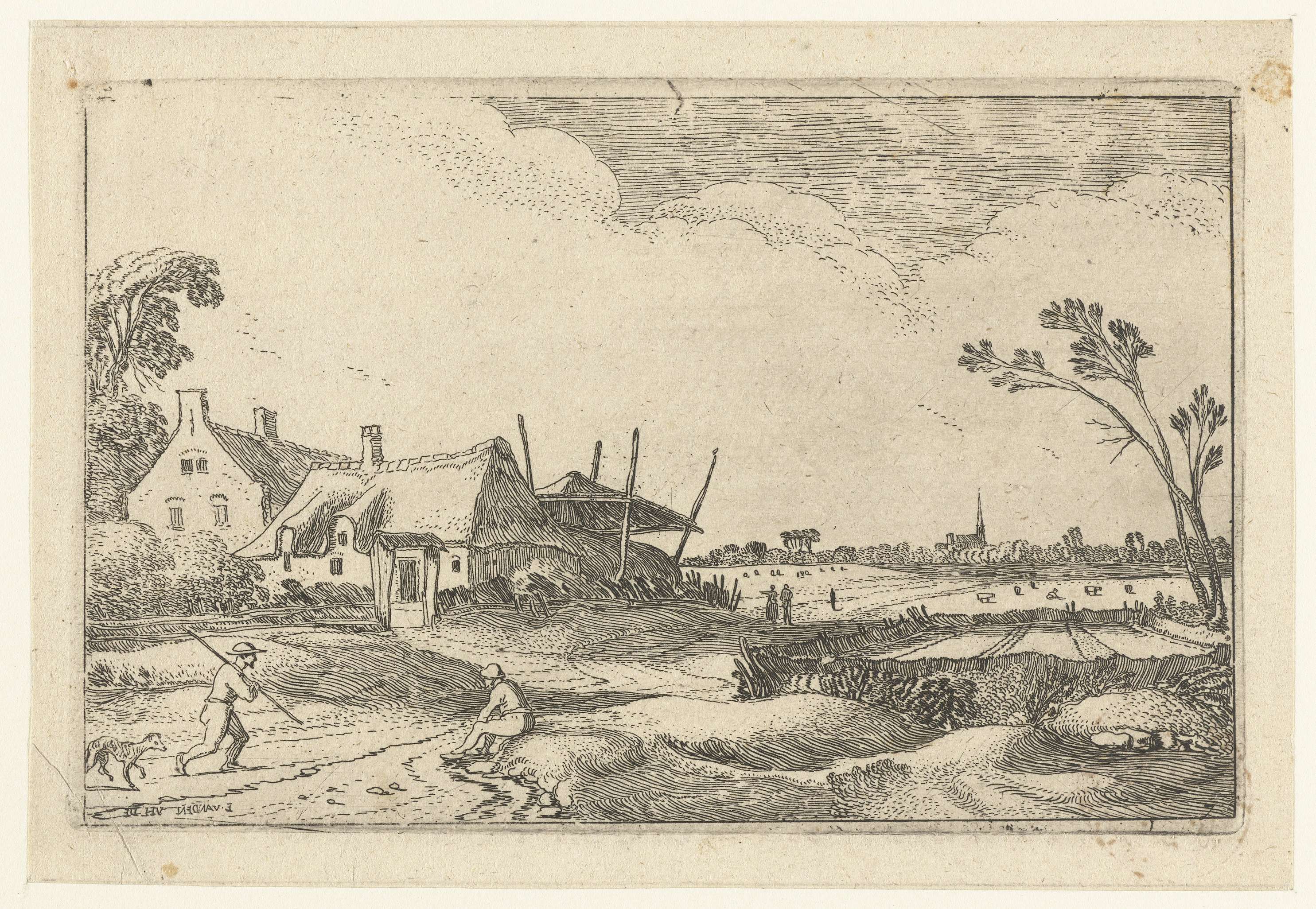 Etching by Esaias van de Velde showing a farmhouse and fields under a bright sky.