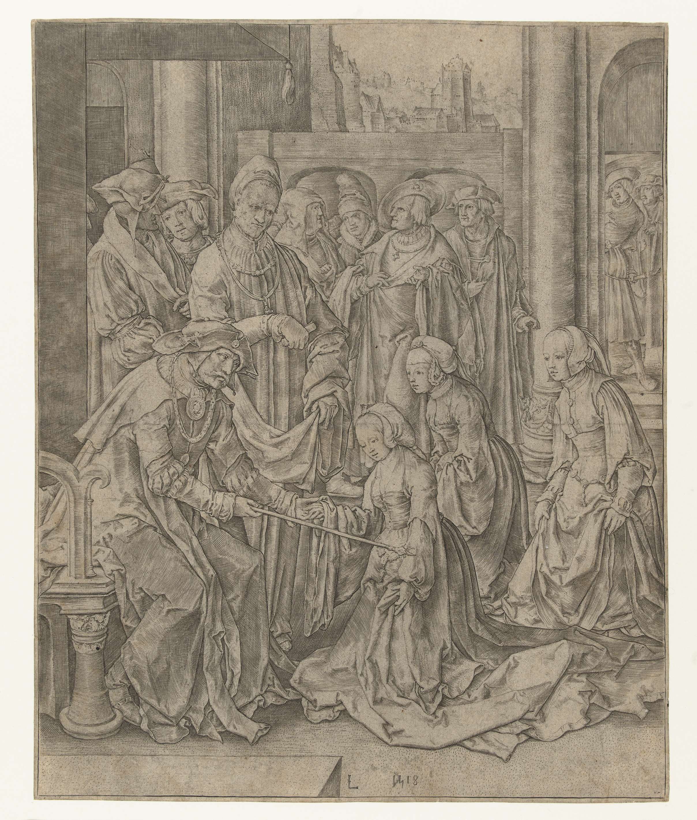 Engraving by Lucas van Leyden depicting Esther kneeling before Ahasuerus with dramatic light and shadow