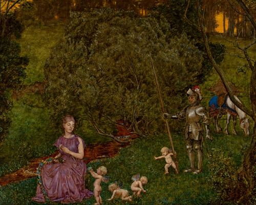 A painting titled 'Fable – Knight' by Hans Thoma depicting a knight in a mythical setting.