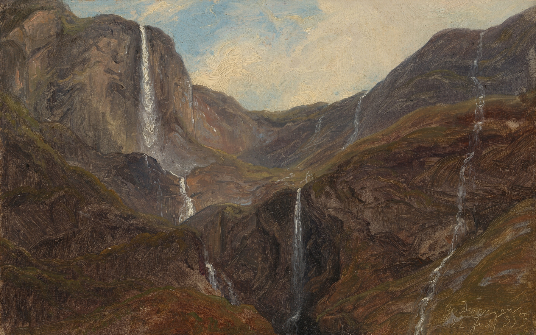 Gudvangen by Thomas Fearnley, oil on canvas depicting mountains and a river at sunrise.