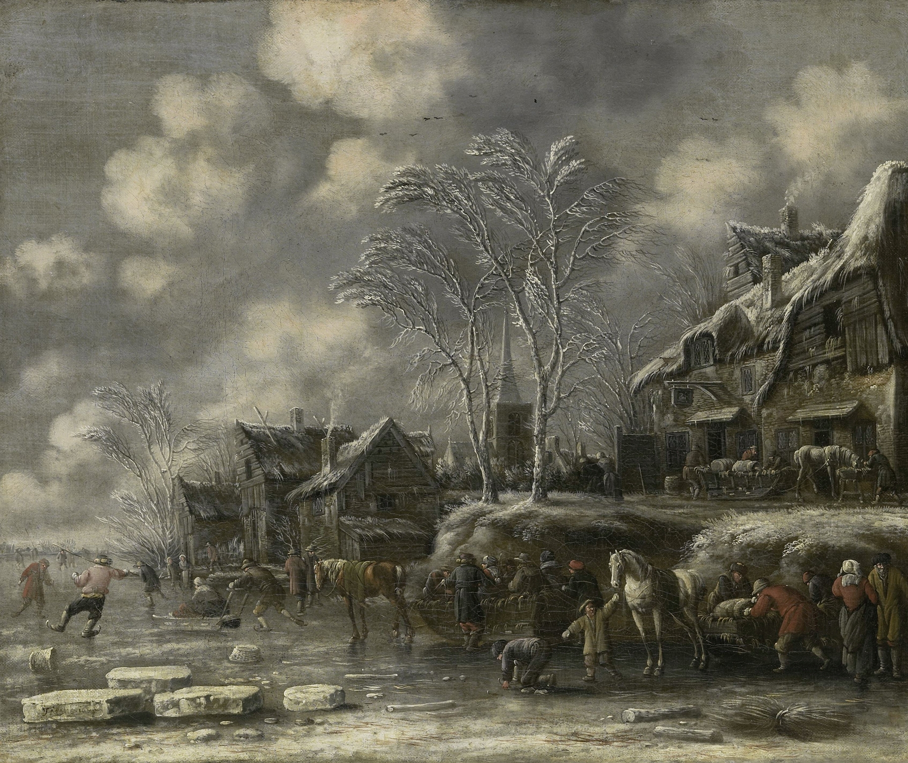Winter Scene by Thomas Heeremans, depicting a snowy landscape in oil painting.