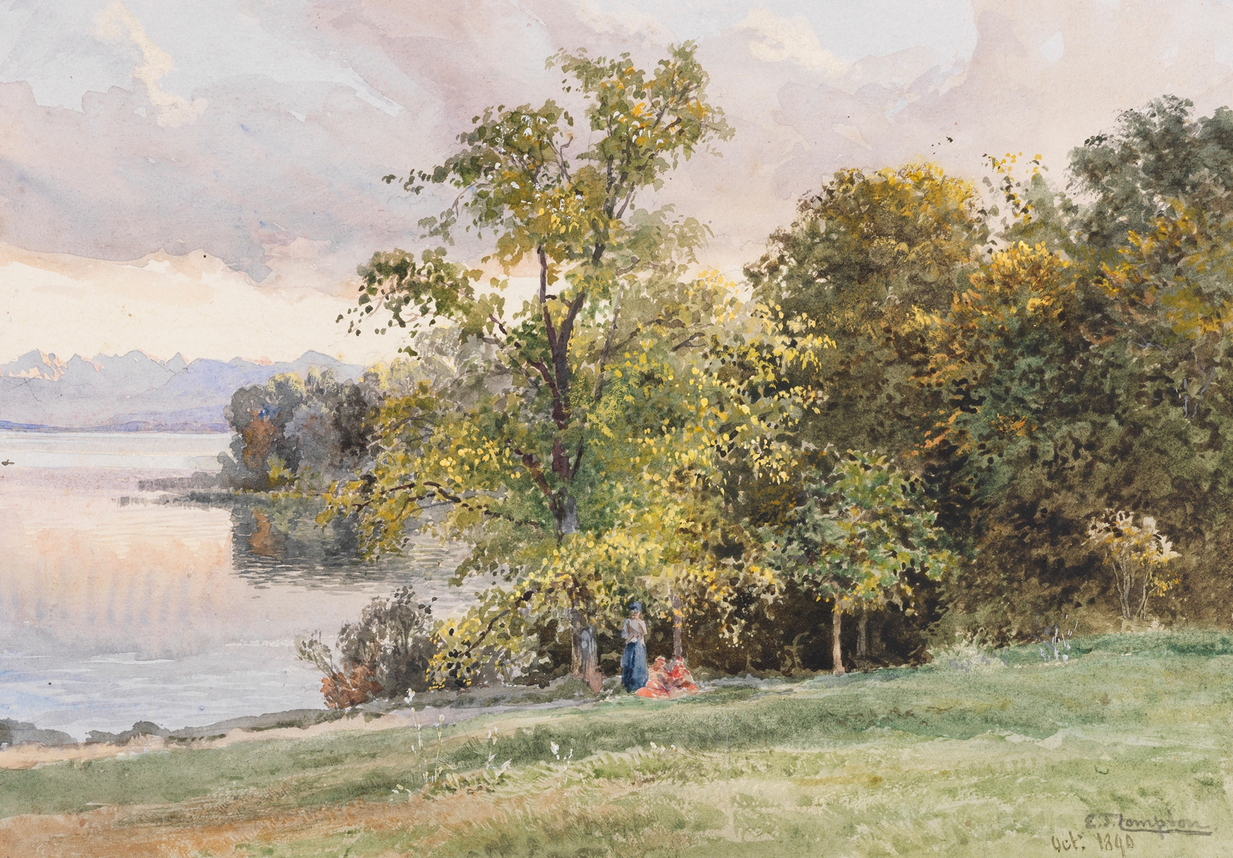 Landschaft am Starnberger See by Edward Theodore Compton, oil on canvas, depicting hills and a tranquil lake.